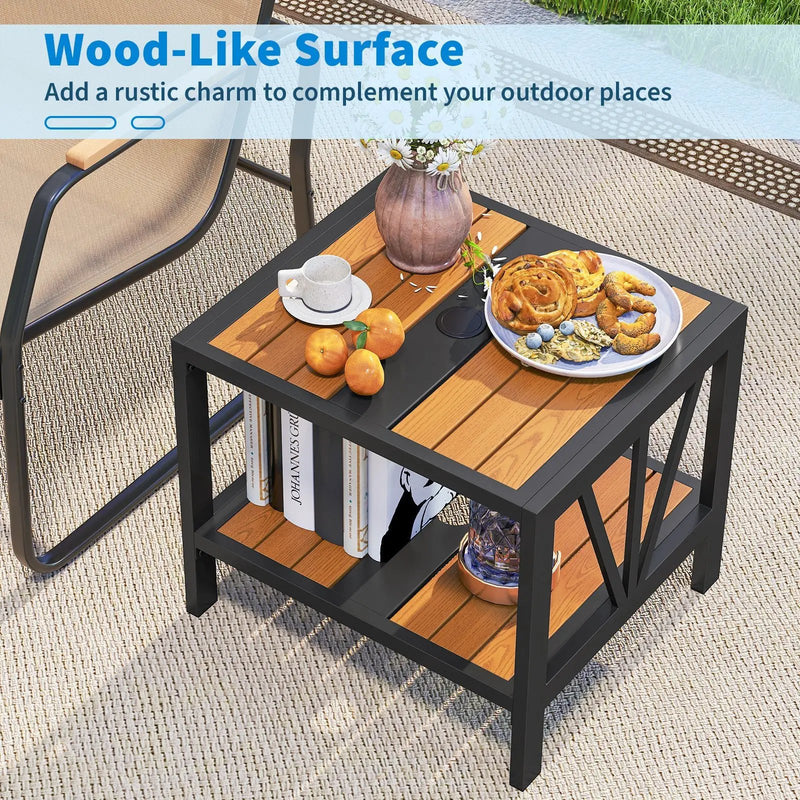 Outdoor Side Table with Umbrella Hole and Storage Shelf for Porch by DirectDeals