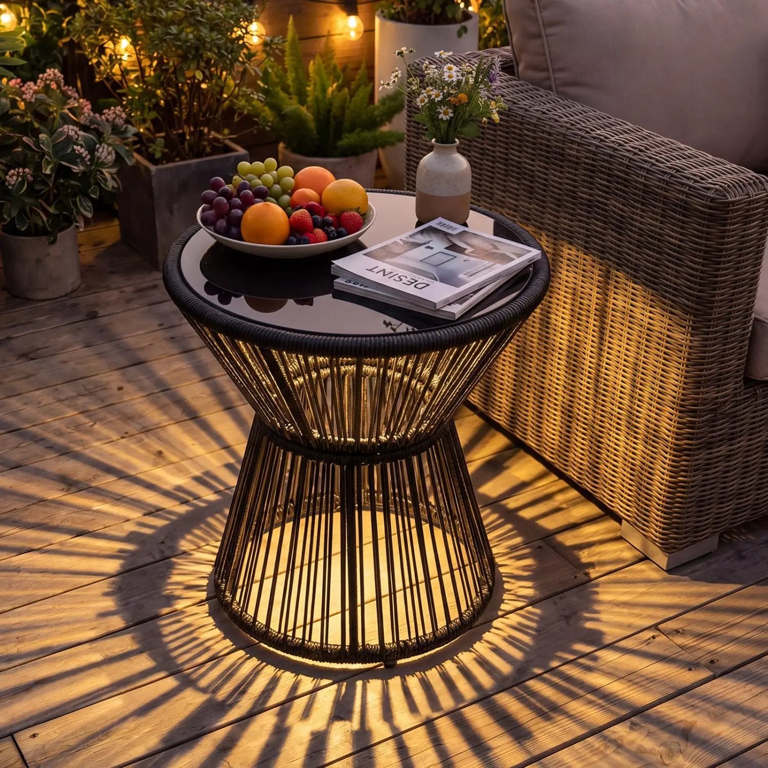Outdoor Side Table with LED Warm Light and Tempered Glass Top by DirectDeals