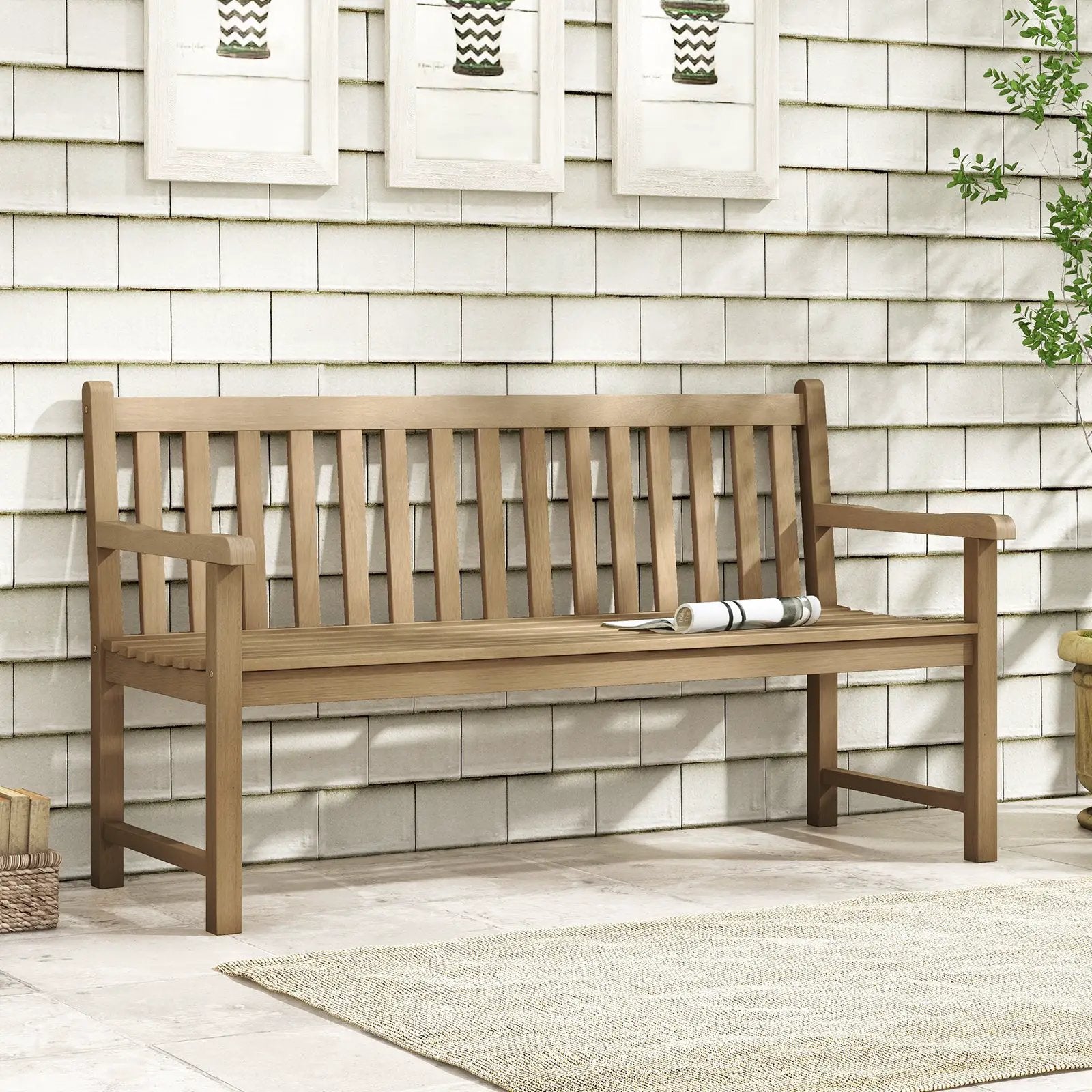 62 Inch Outdoor Teak Wood Bench with Backrest for Yard by DirectDeals