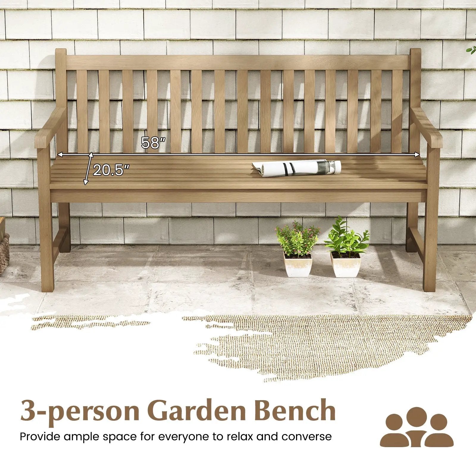 62 Inch Outdoor Teak Wood Bench with Backrest for Yard by DirectDeals