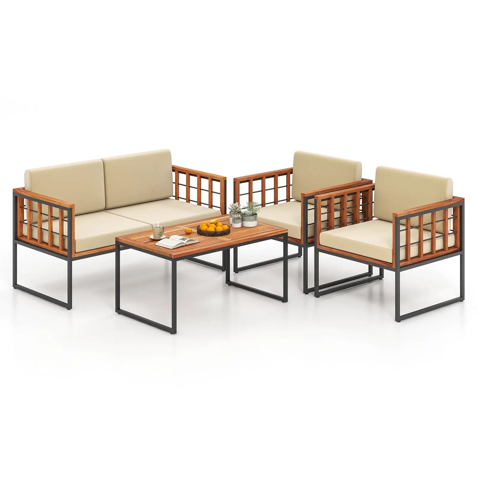 4 Pieces Acacia Wood Outdoor Sofa Set for Balcony Porch Backyard Poolside by DirectDeals