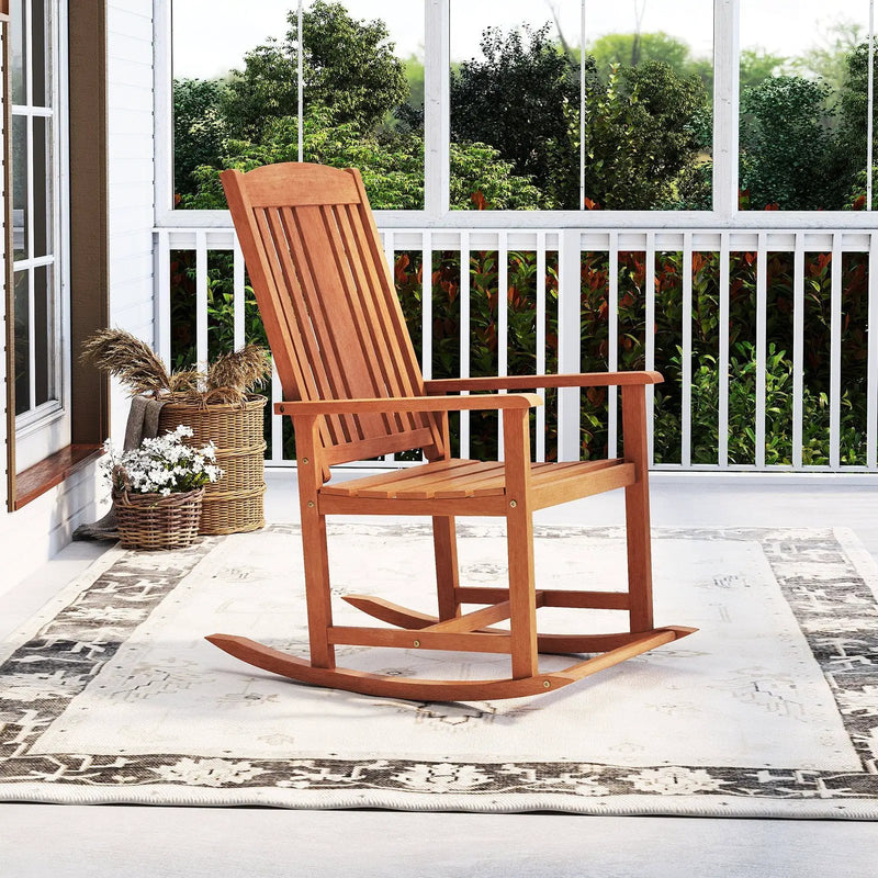 Outdoor Rocking Chair Solid Wood High Back Rocker with Slatted Seat by DirectDeals