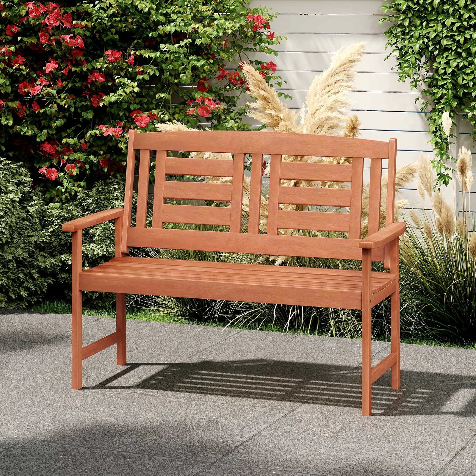 Outdoor Solid Wood Loveseat Hardwood 2-Seat Bench with Inclined Backrest and Slatted Seat by DirectDeals