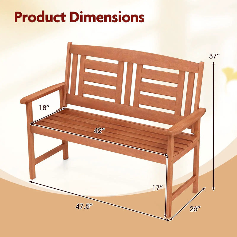 Outdoor Solid Wood Loveseat Hardwood 2-Seat Bench with Inclined Backrest and Slatted Seat by DirectDeals