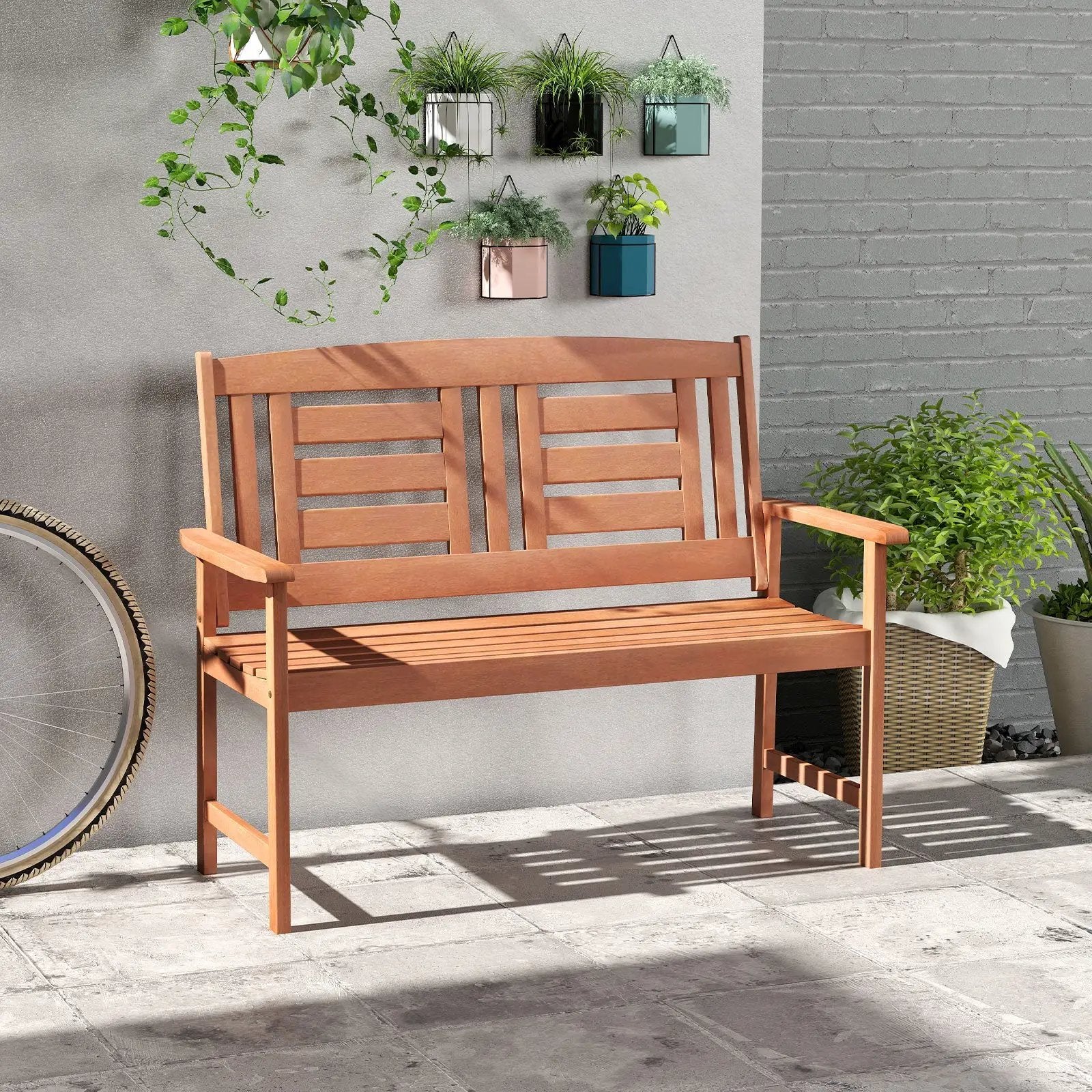 Outdoor Solid Wood Loveseat Hardwood 2-Seat Bench with Inclined Backrest and Slatted Seat by DirectDeals