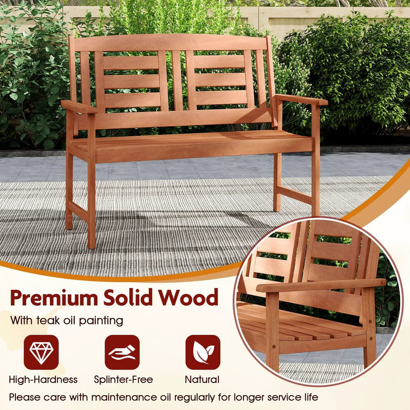 Outdoor Solid Wood Loveseat Hardwood 2-Seat Bench with Inclined Backrest and Slatted Seat by DirectDeals