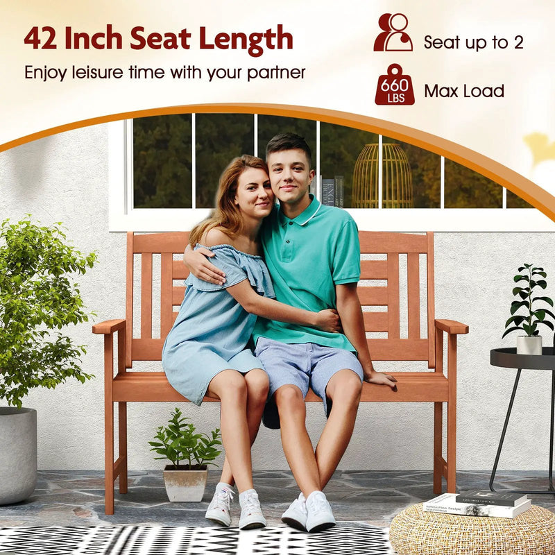 Outdoor Solid Wood Loveseat Hardwood 2-Seat Bench with Inclined Backrest and Slatted Seat by DirectDeals