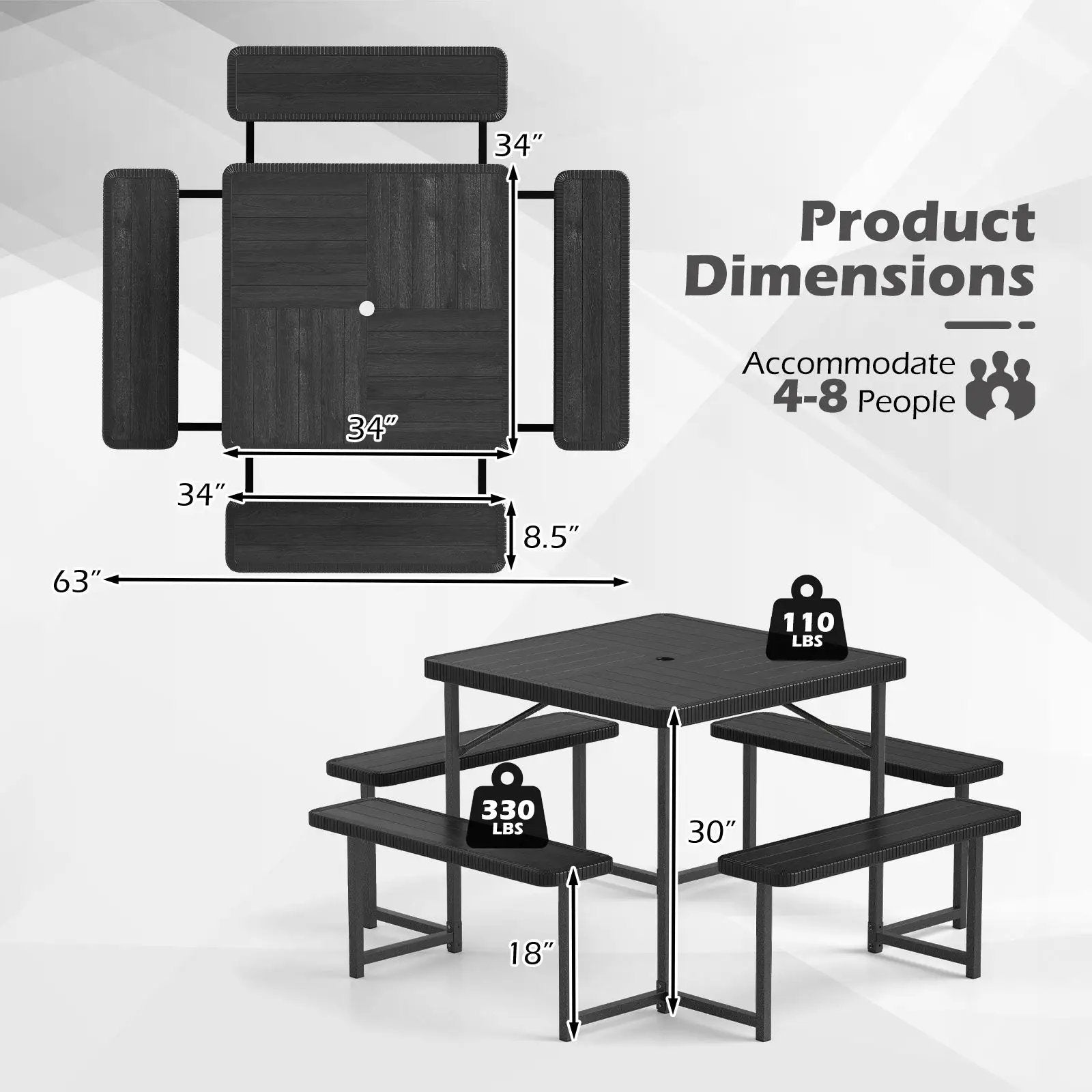 Outdoor Square Picnic Table Bench Set for 4-8 People with Umbrella Hole by DirectDeals