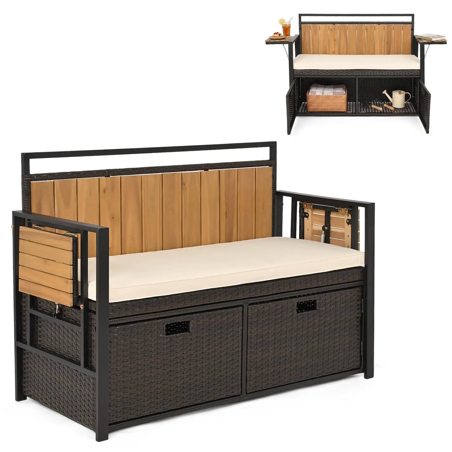 Outdoor Storage Bench with 2 Side Tables and Cushioned Seat by DirectDeals