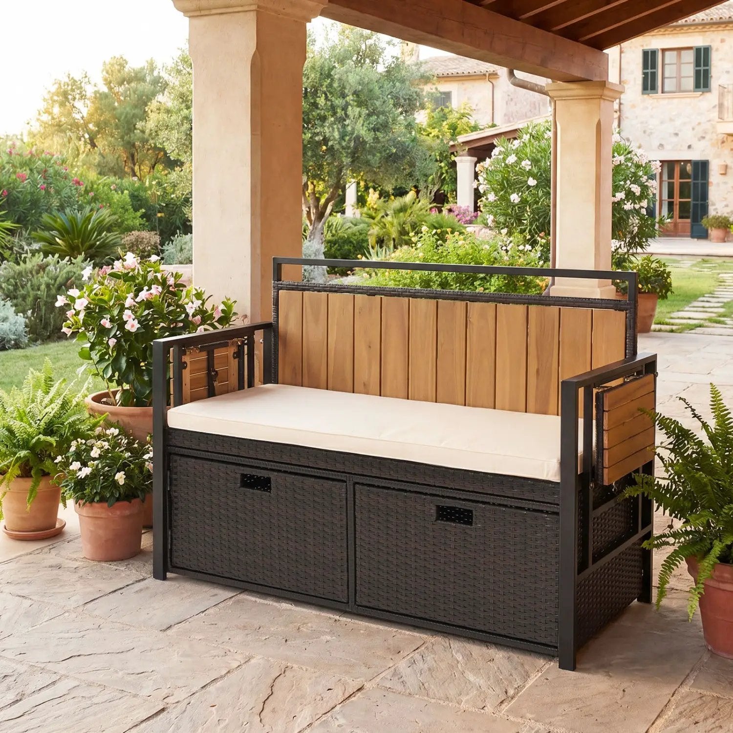 Outdoor Storage Bench with 2 Side Tables and Cushioned Seat by DirectDeals