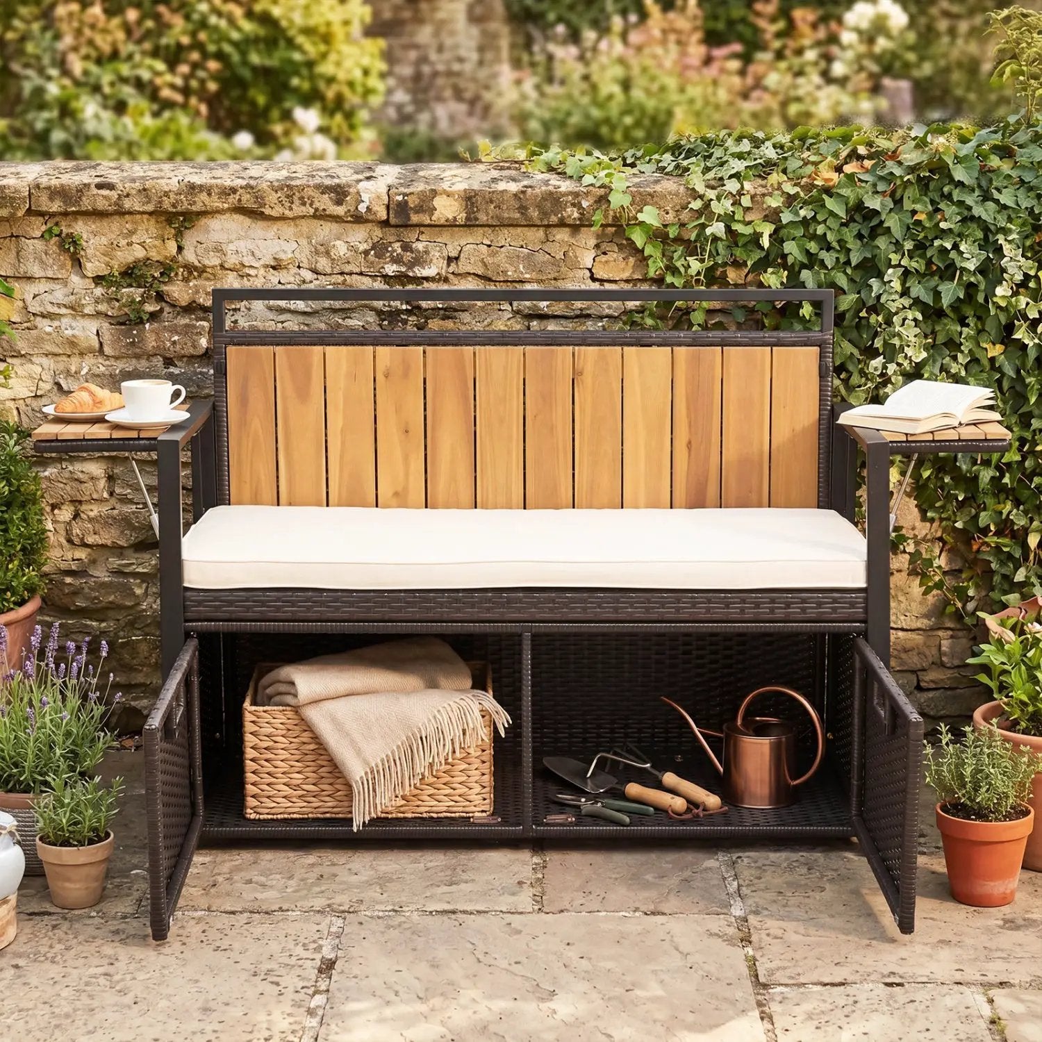 Outdoor Storage Bench with 2 Side Tables and Cushioned Seat by DirectDeals