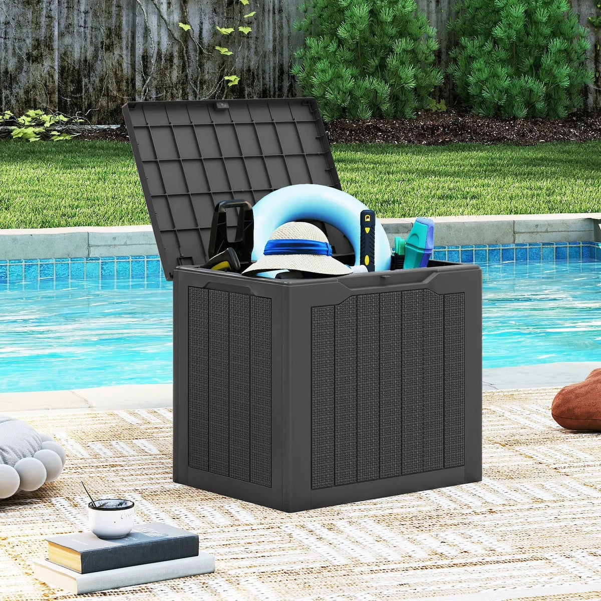 Outdoor Storage Box 25 Gallon Deck Box with Lockable Lid and Wicker-woven Texture, photo 2 of 16