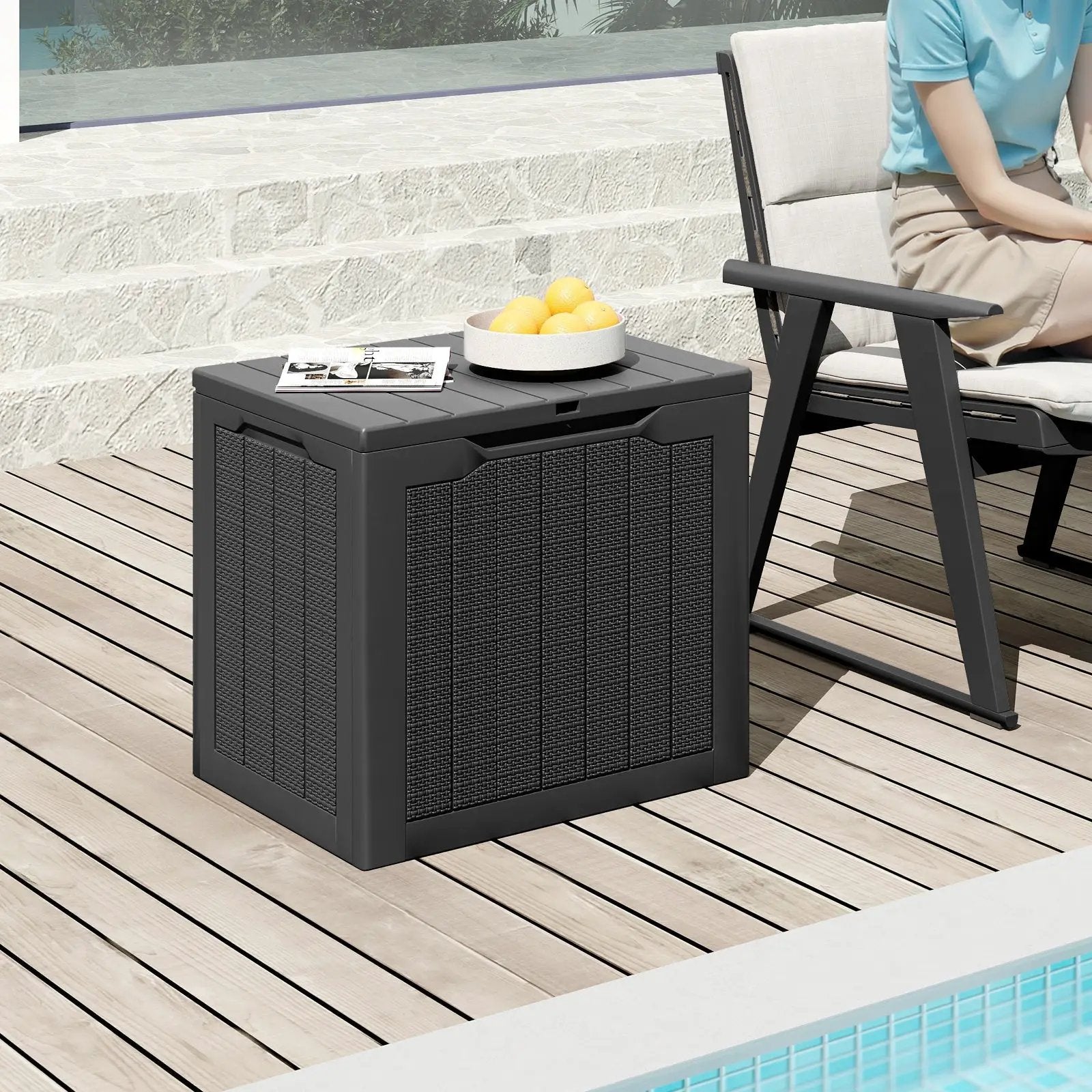 Outdoor Storage Box 25 Gallon Deck Box with Lockable Lid and Wicker-woven Texture by DirectDeals