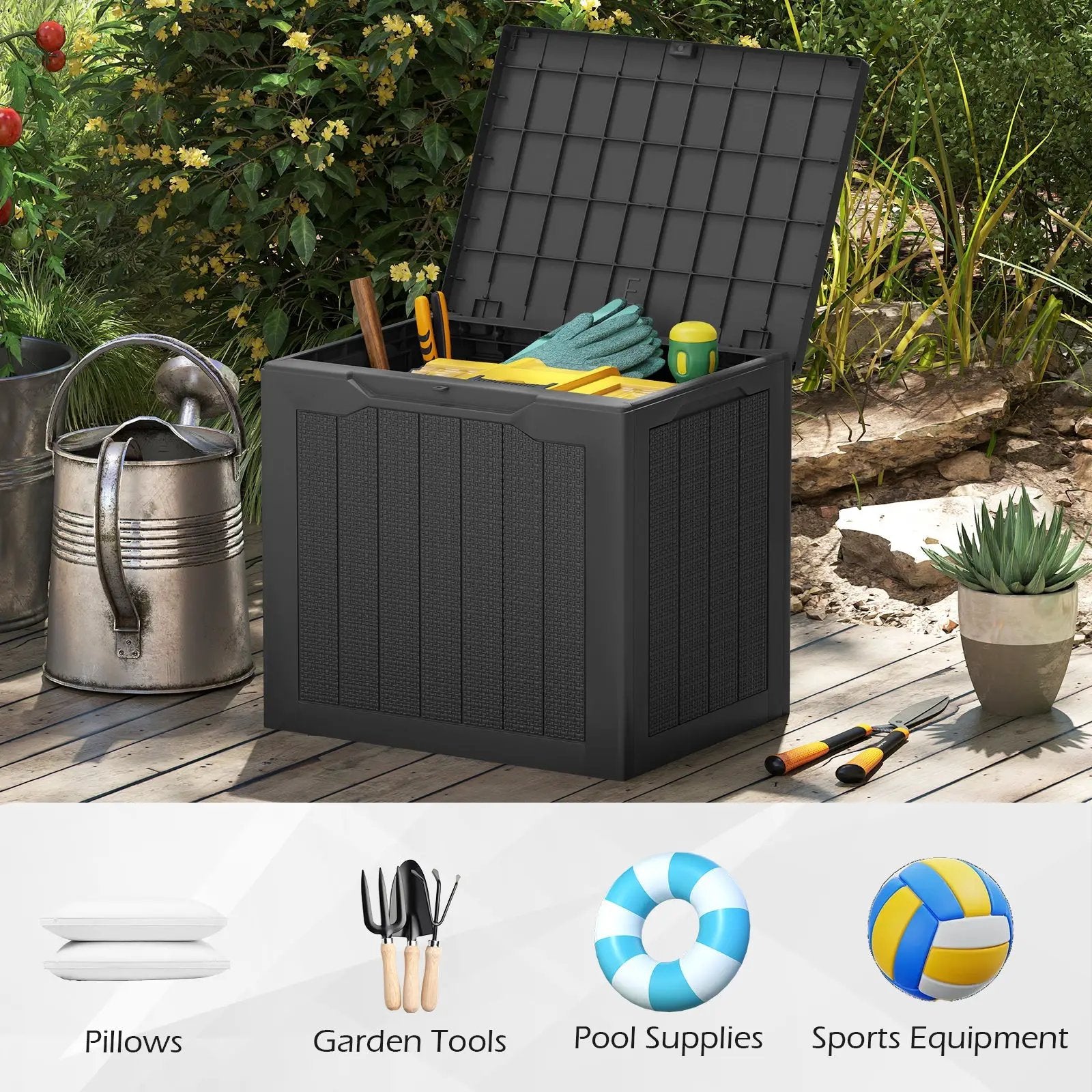 Outdoor Storage Box 25 Gallon Deck Box with Lockable Lid and Wicker-woven Texture by DirectDeals