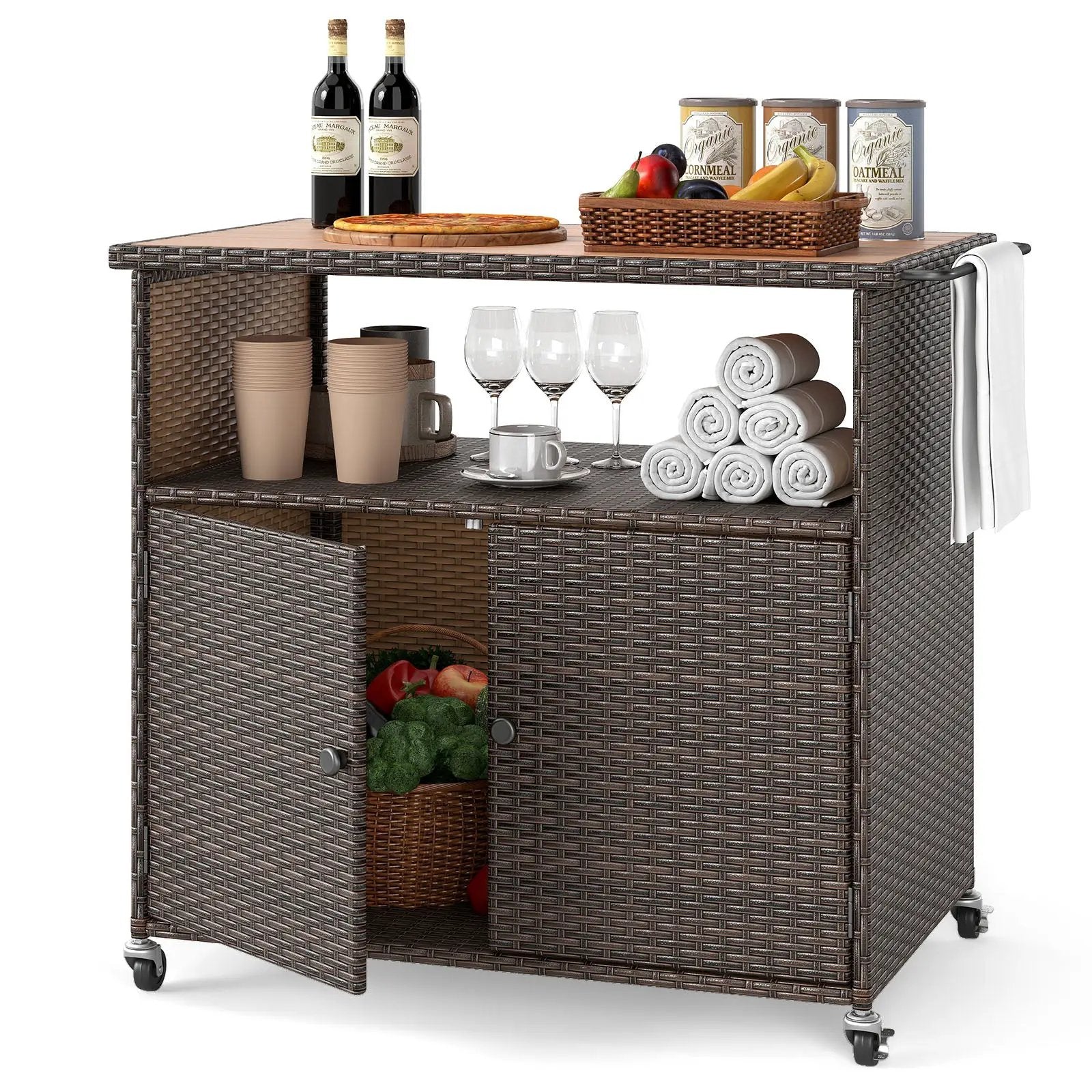 Outdoor Storage Cabinet with Acacia Wood Top and Lockable Wheels by DirectDeals