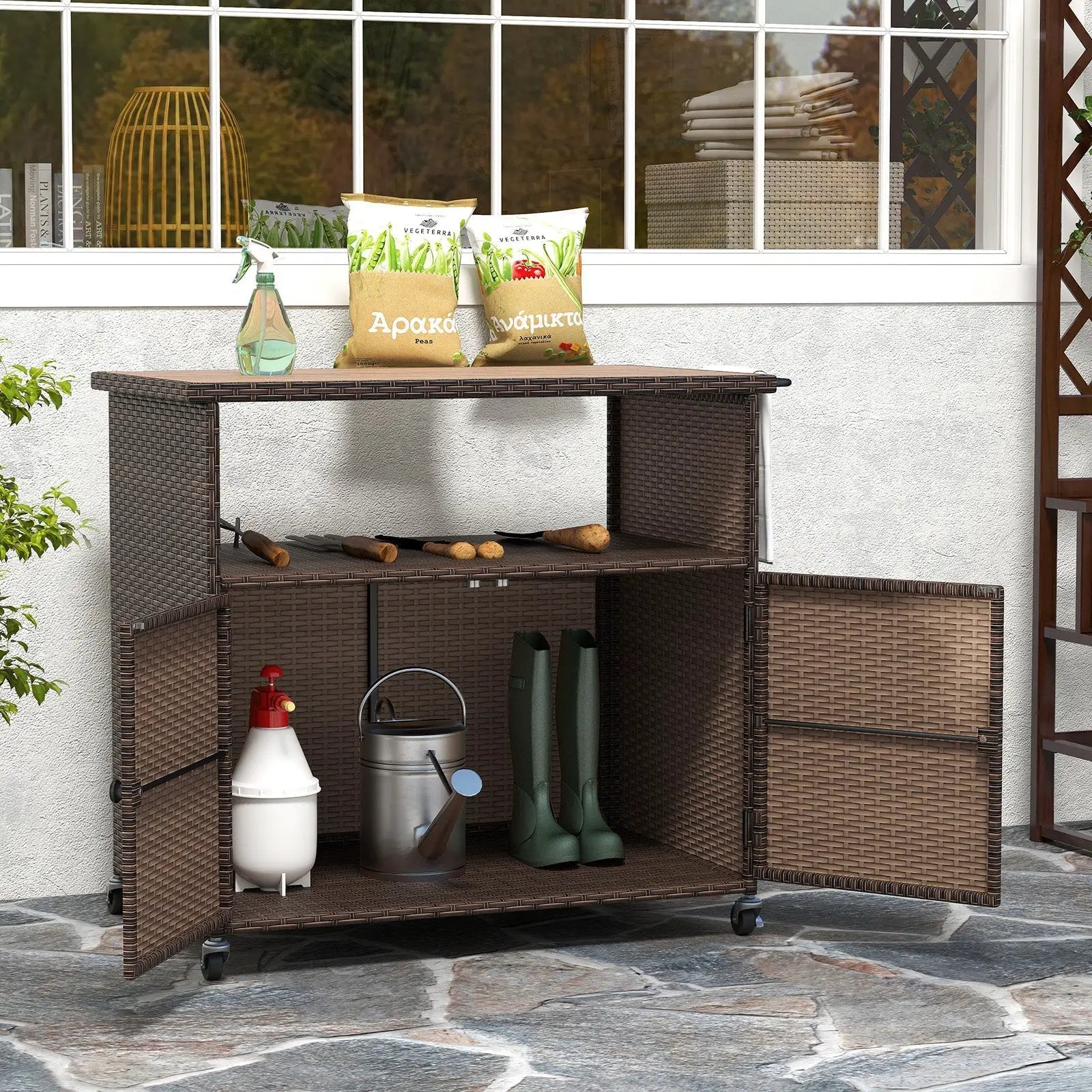 Outdoor Storage Cabinet with Acacia Wood Top and Lockable Wheels by DirectDeals