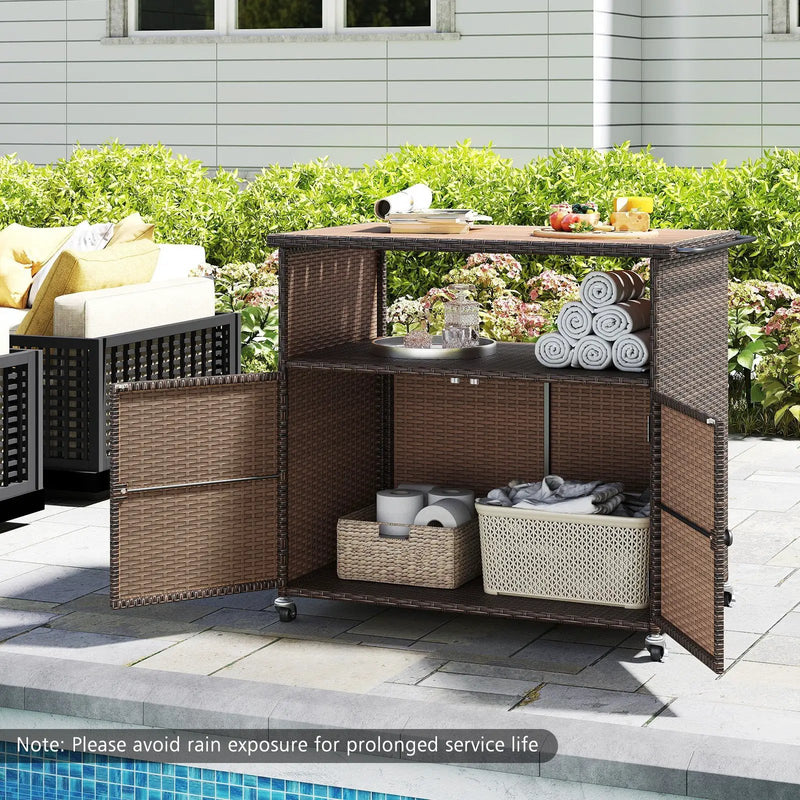 Outdoor Storage Cabinet with Acacia Wood Top and Lockable Wheels by DirectDeals