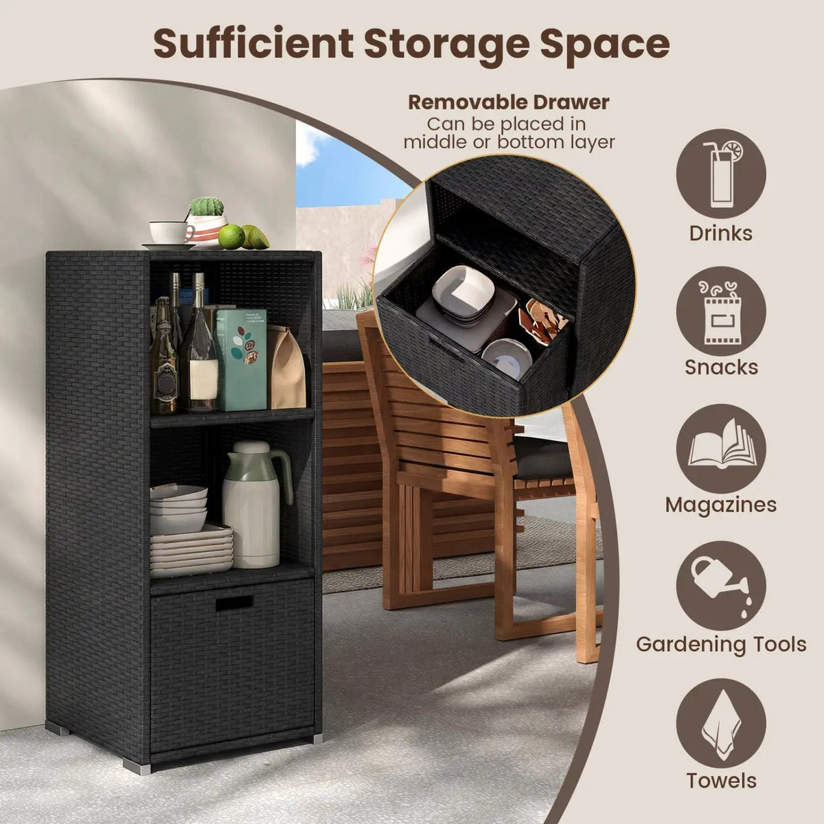 Outdoor Storage Cabinet Patio Wicker Organizer with Drawer, photo 9 of 24