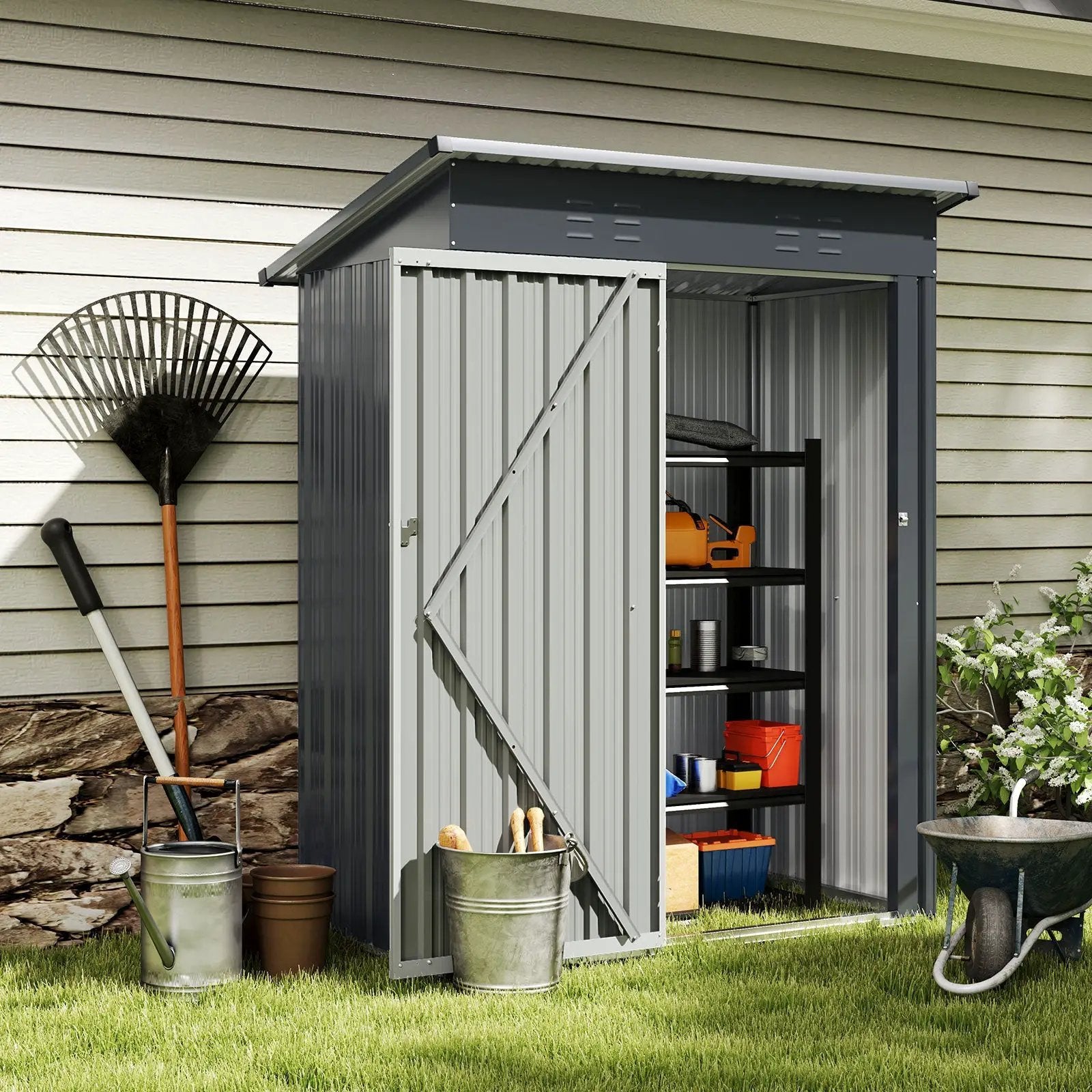 5 x 3 Feet Outdoor Storage Shed with Sloped Roof and Lockable Door-Gray by DirectDeals