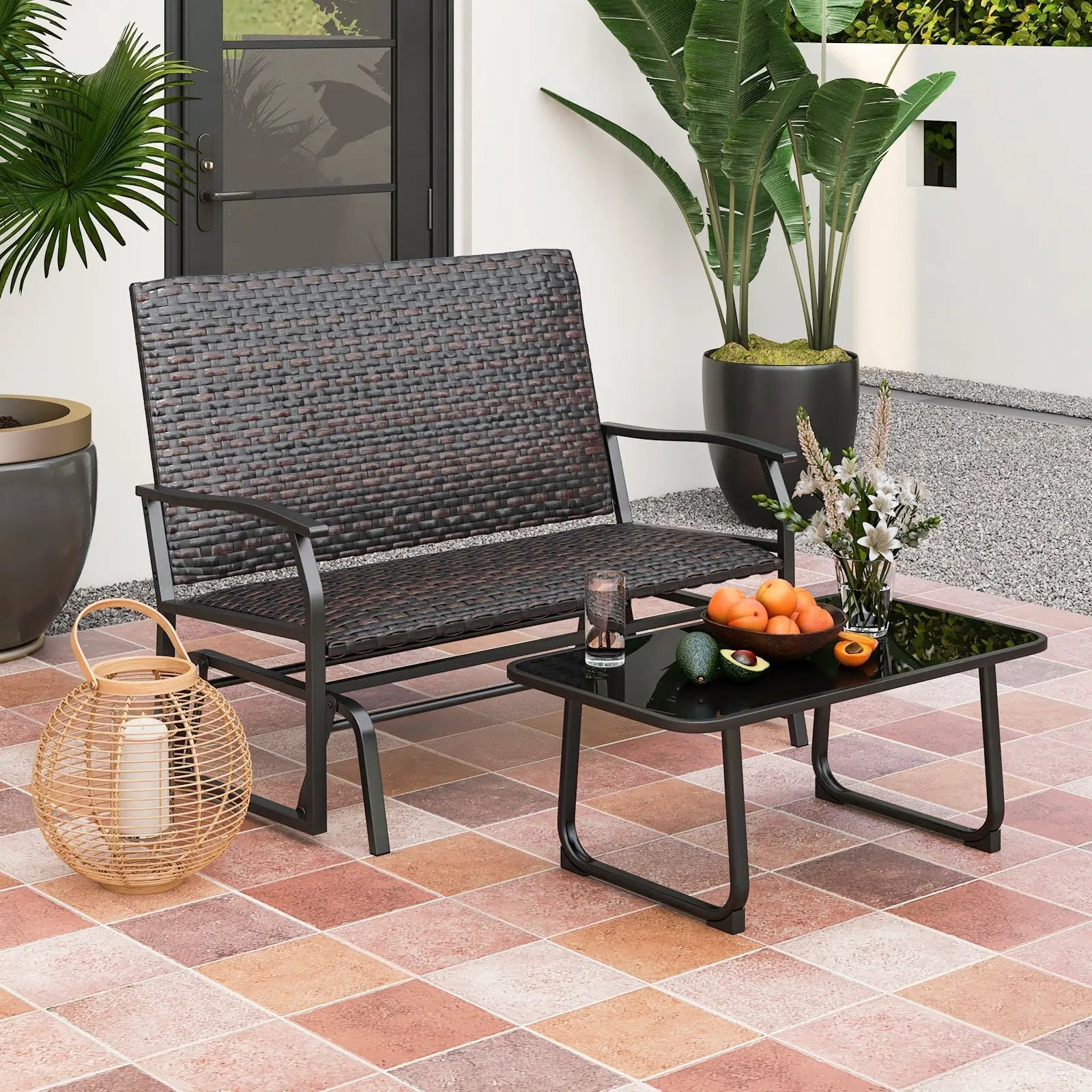 All Weather Outdoor 2-Person Swing Glider Bench with Quick Dry Foam Seat-Brown by DirectDeals
