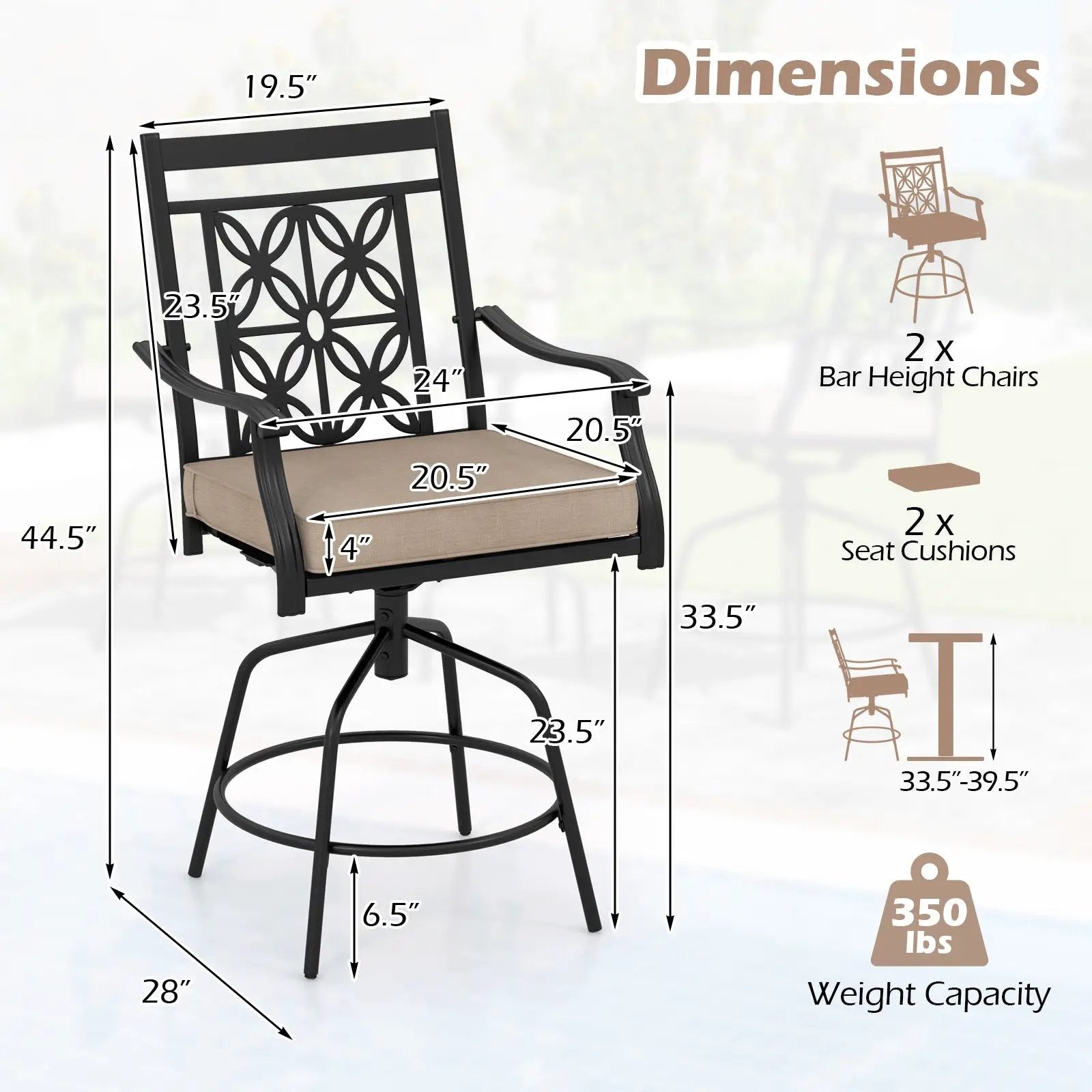 Outdoor Swivel Bar Stools Set of 2 with Seat Cushions-Brown by DirectDeals