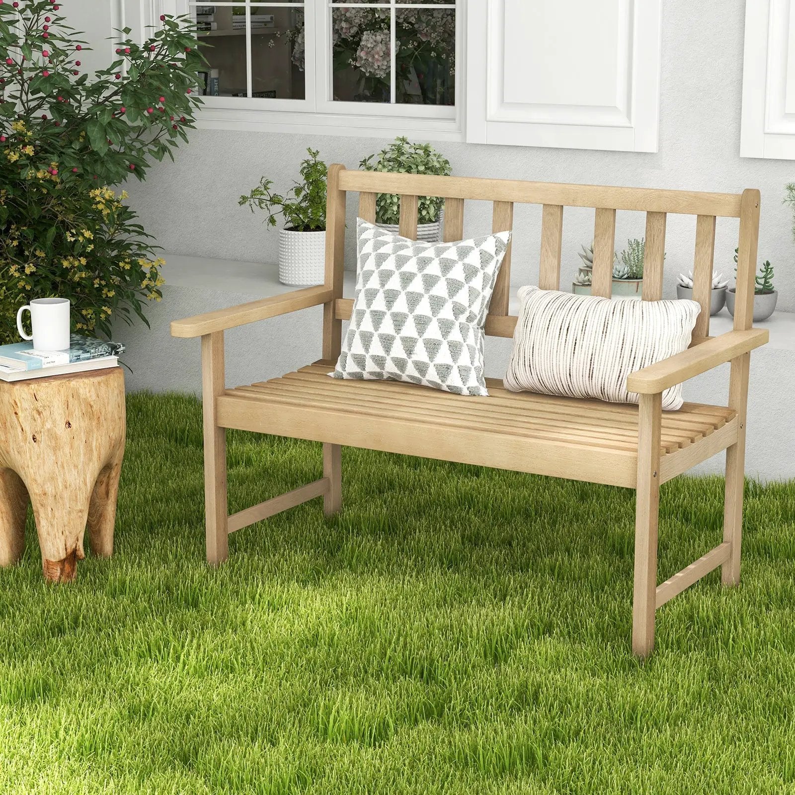 Outdoor Indonesia Teak Wood Garden Bench 2-Person with Backrest and Armrests by DirectDeals