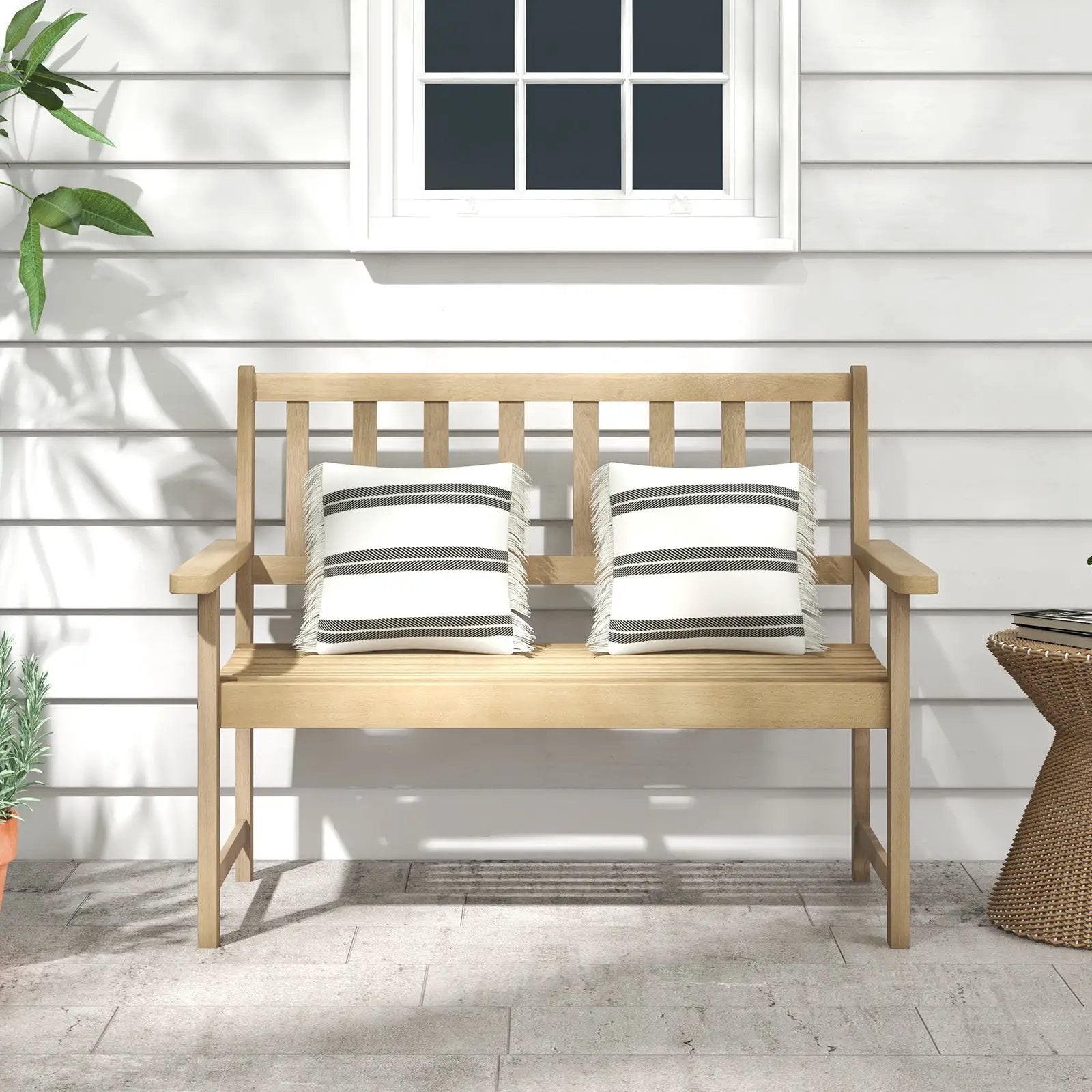 Outdoor Indonesia Teak Wood Garden Bench 2-Person with Backrest and Armrests by DirectDeals