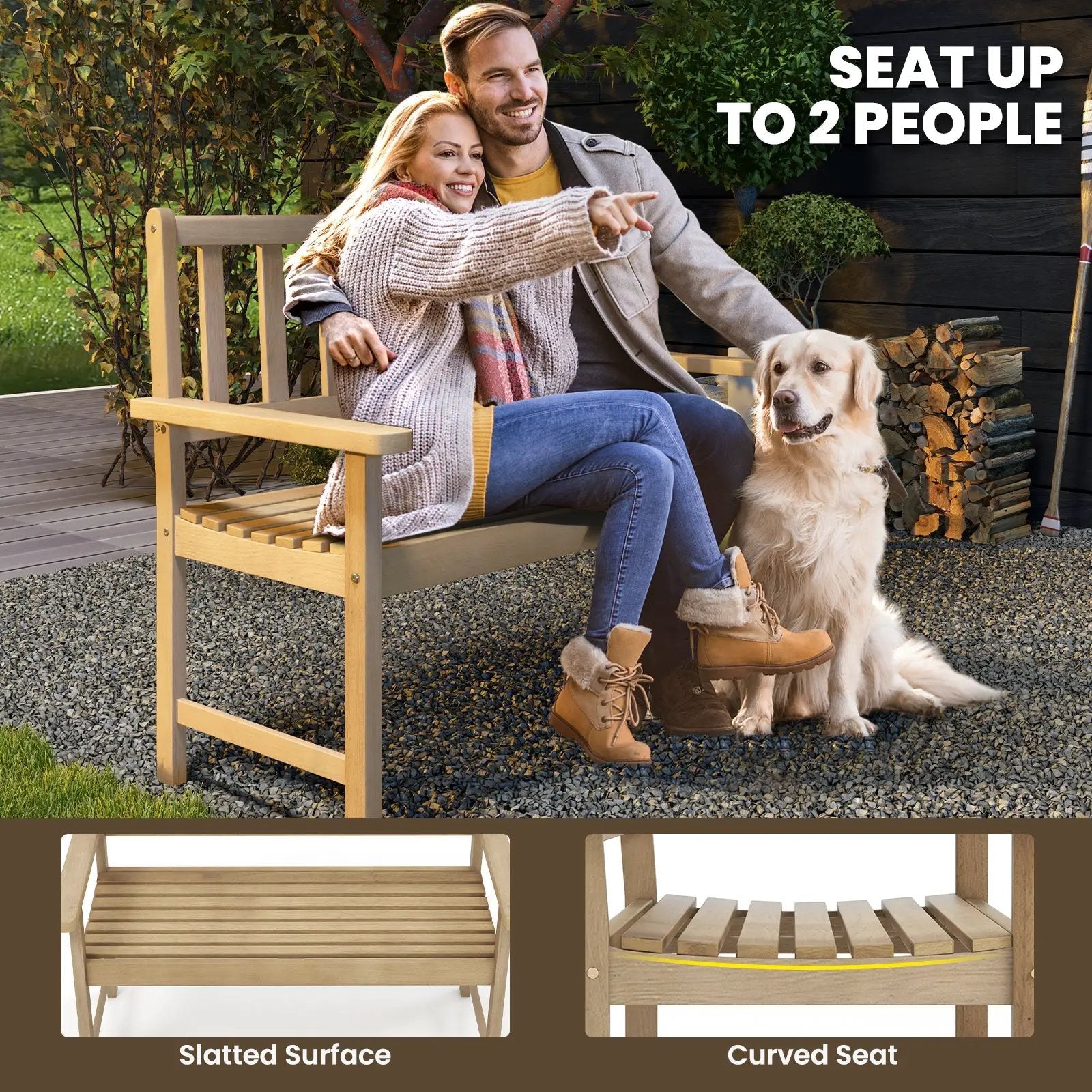 Outdoor Indonesia Teak Wood Garden Bench 2-Person with Backrest and Armrests by DirectDeals