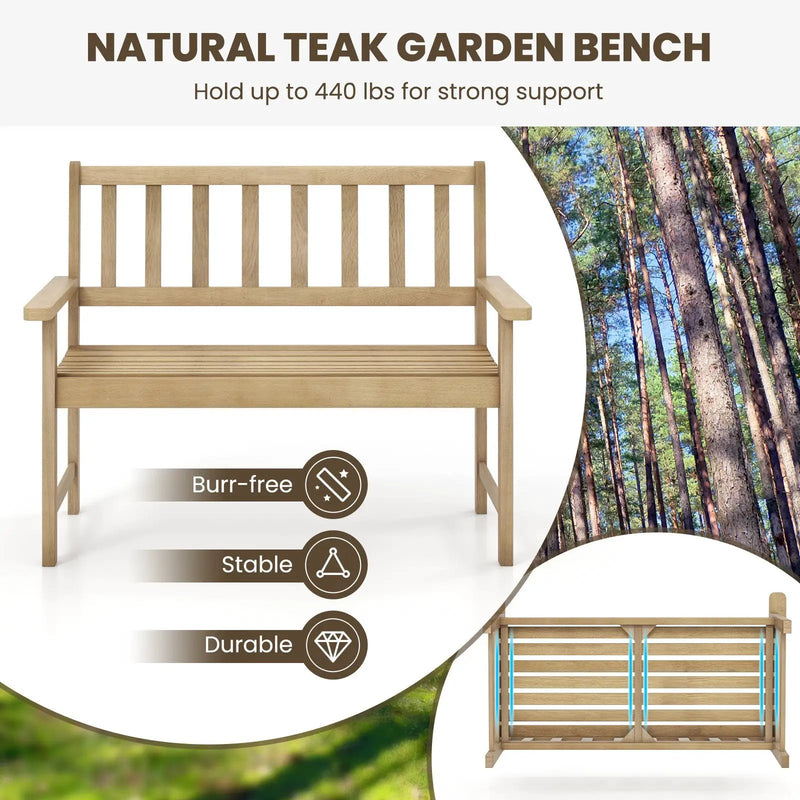 Outdoor Indonesia Teak Wood Garden Bench 2-Person with Backrest and Armrests by DirectDeals