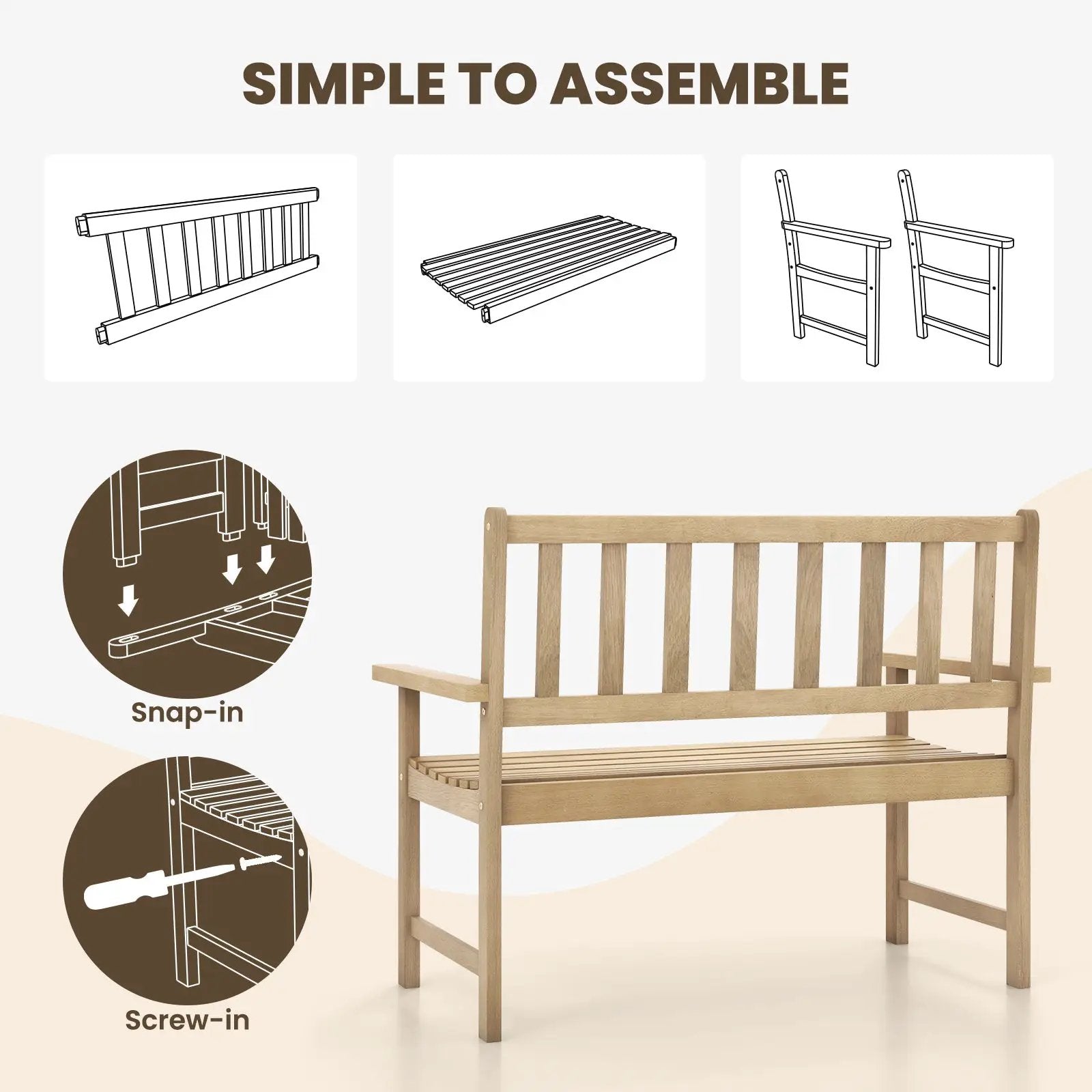 Outdoor Indonesia Teak Wood Garden Bench 2-Person with Backrest and Armrests by DirectDeals
