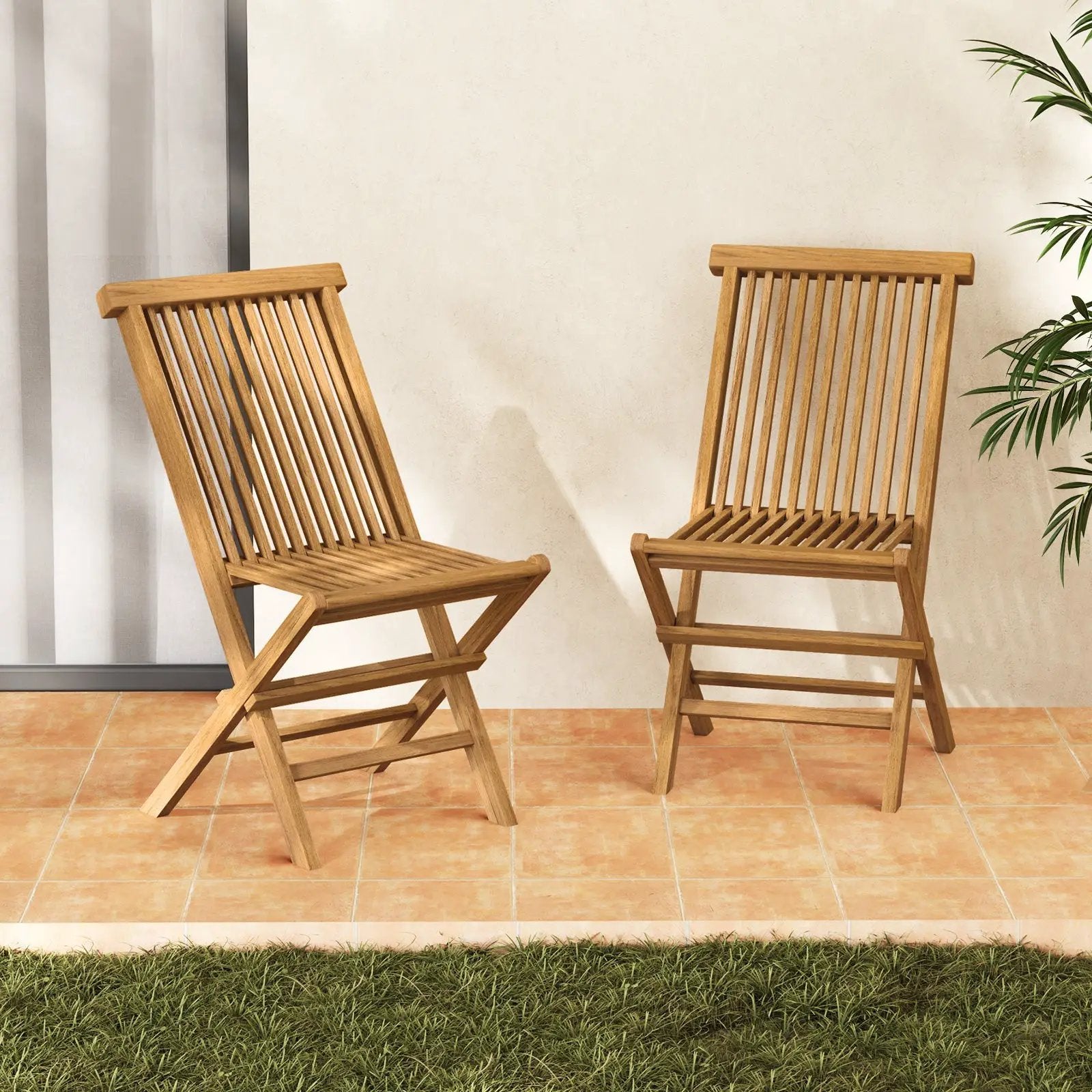 Outdoor Teak Wood Chairs Set of 2 with Slatted Seat and Backrest by DirectDeals