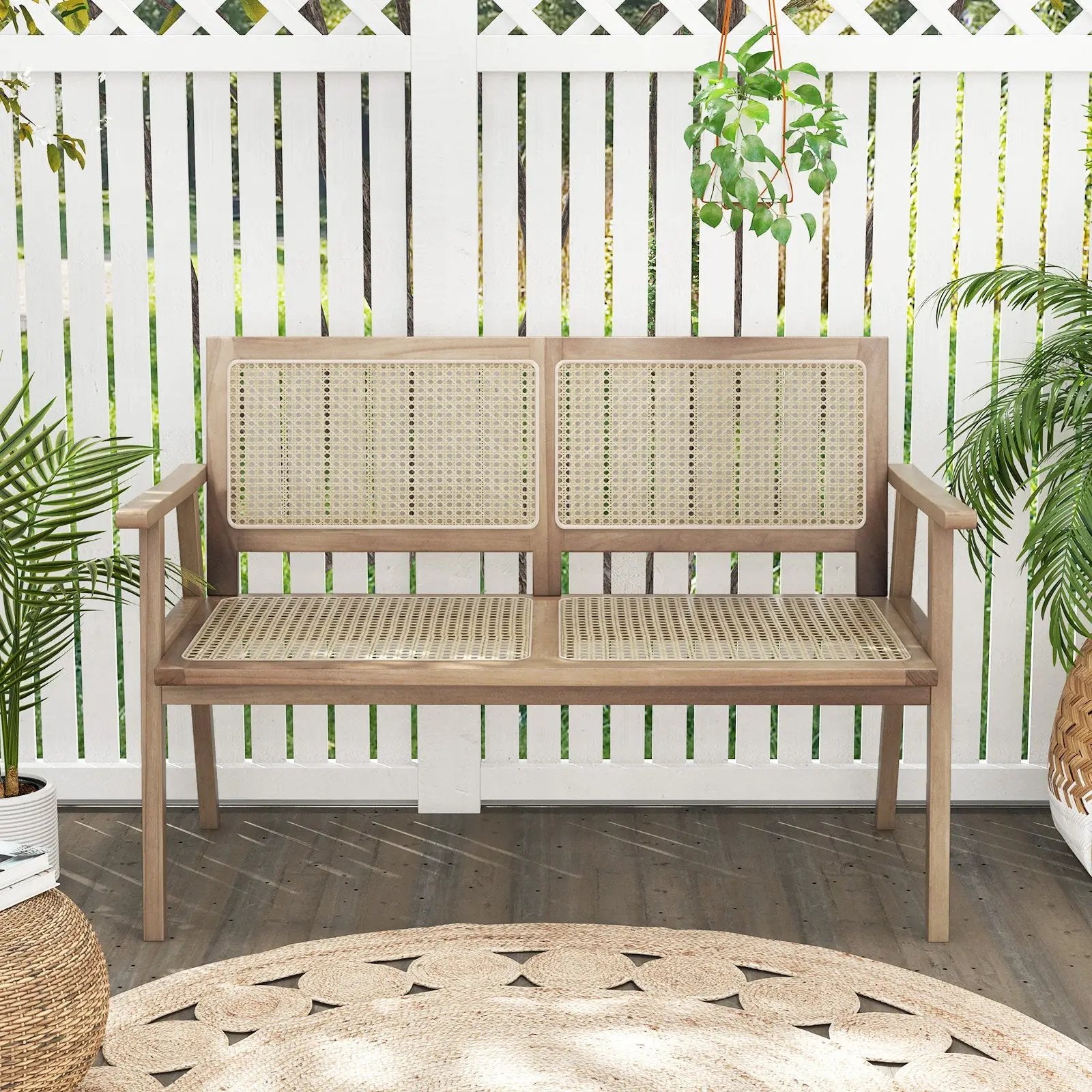 Indonesia Teak Wood Garden Bench with Armrests and Natural Rattan Backrest by DirectDeals