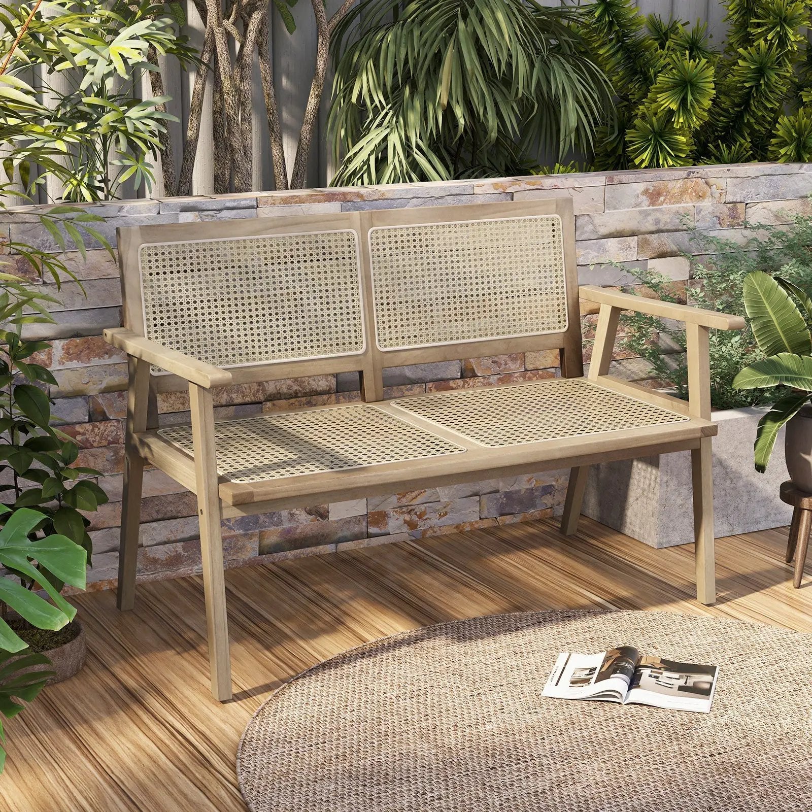 Indonesia Teak Wood Garden Bench with Armrests and Natural Rattan Backrest by DirectDeals