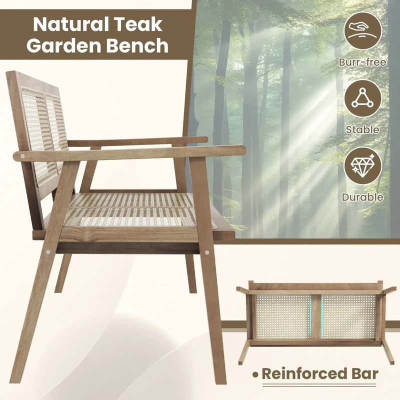 Indonesia Teak Wood Garden Bench with Armrests and Natural Rattan Backrest by DirectDeals