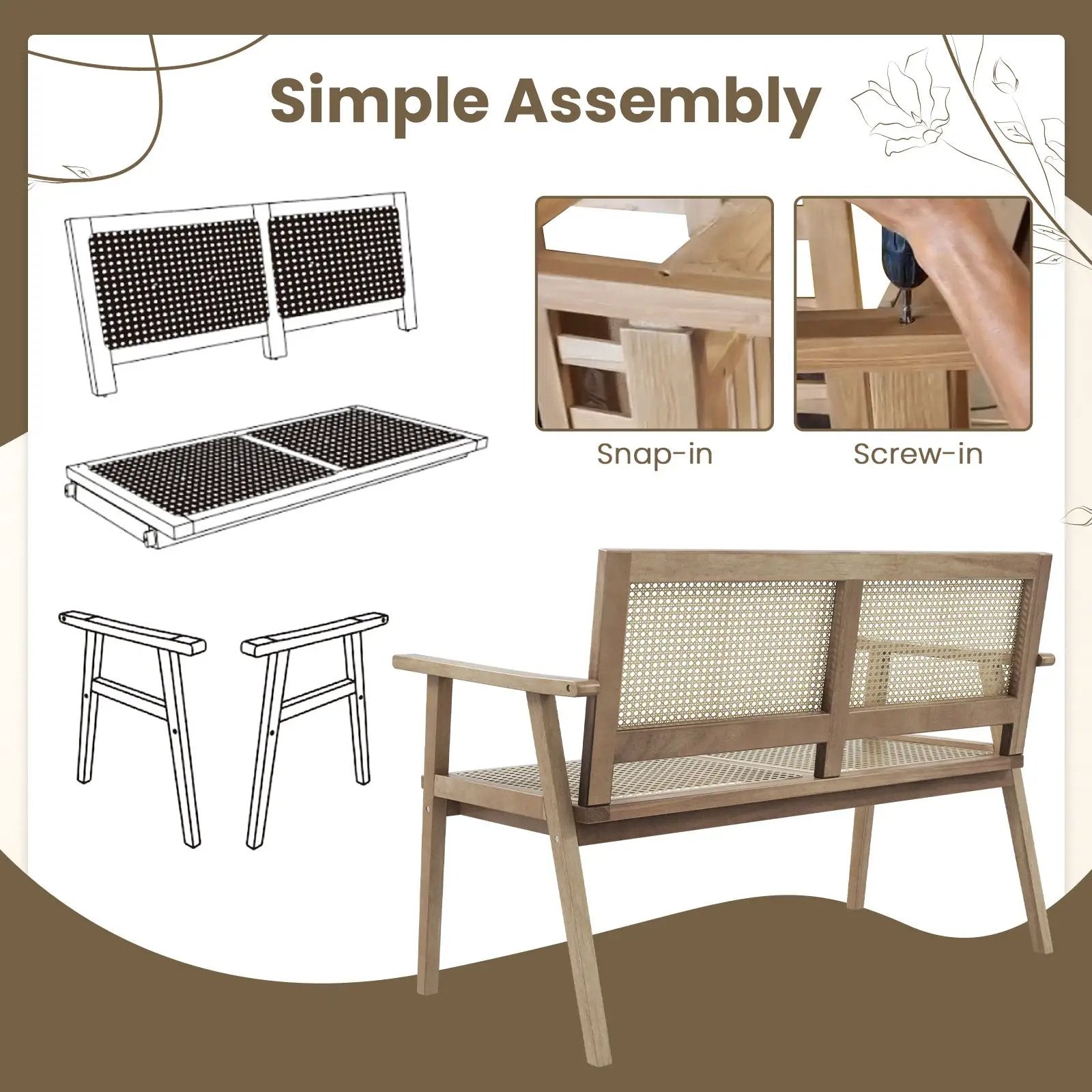 Indonesia Teak Wood Garden Bench with Armrests and Natural Rattan Backrest by DirectDeals