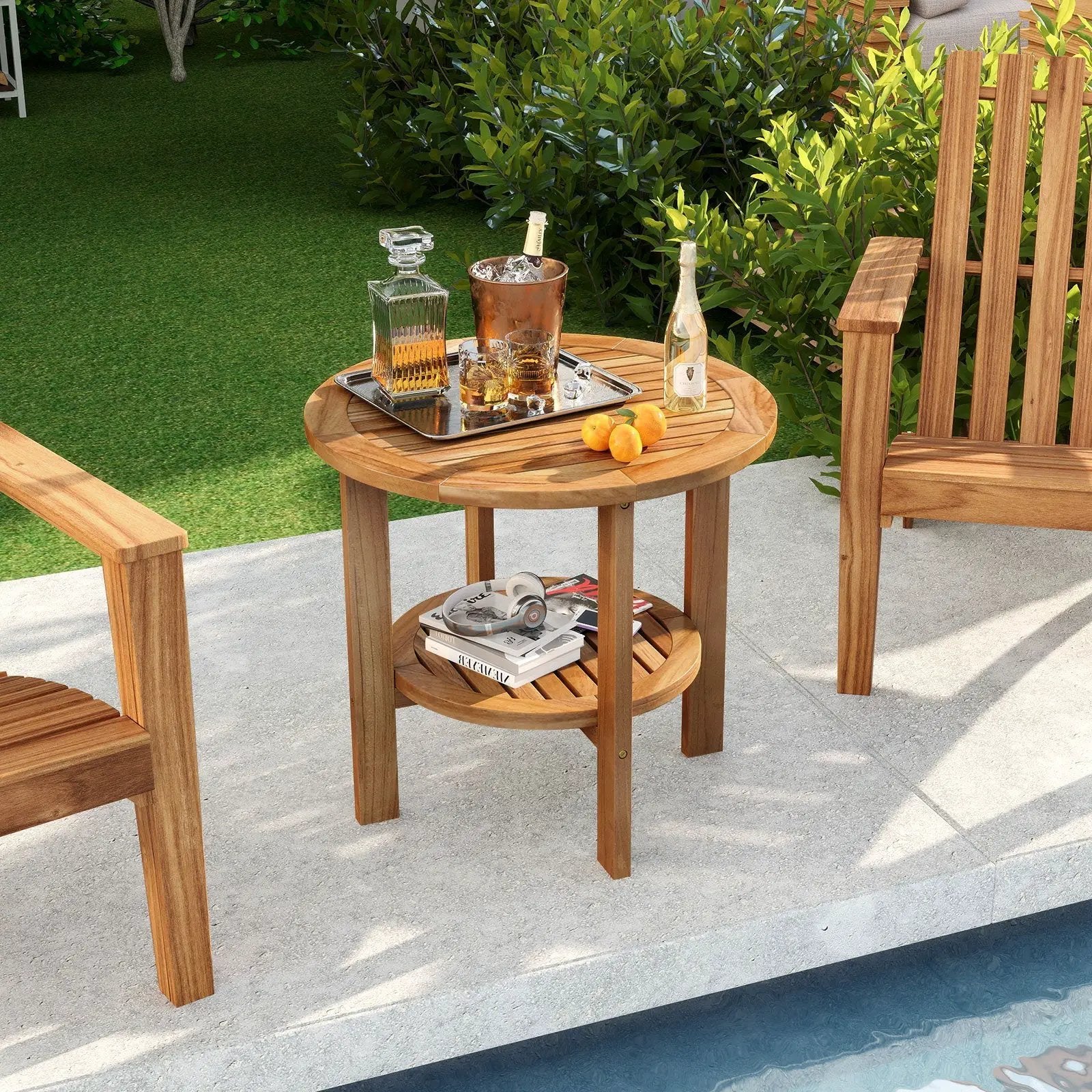 Outdoor Teak Wood Round Side Table Patio End Table with Slatted Storage Shelf by DirectDeals
