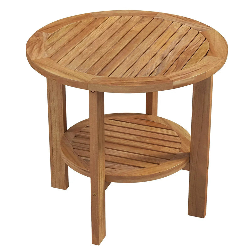 Outdoor Teak Wood Round Side Table Patio End Table with Slatted Storage Shelf by DirectDeals