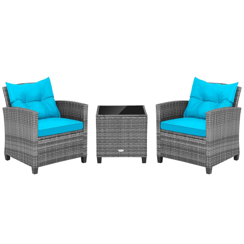 3 Pieces Outdoor Wicker Conversation Set with Tempered Glass Tabletop by DirectDeals