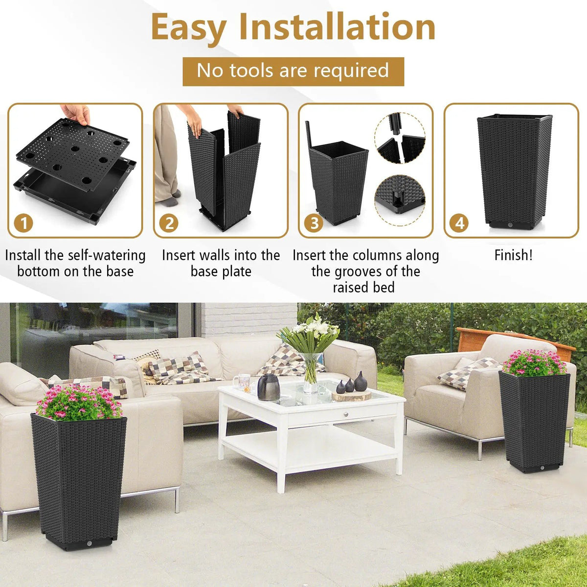 Outdoor Wicker Flower Pot Set of 2 with Drainage Hole for Porch Balcony, photo 7 of 9