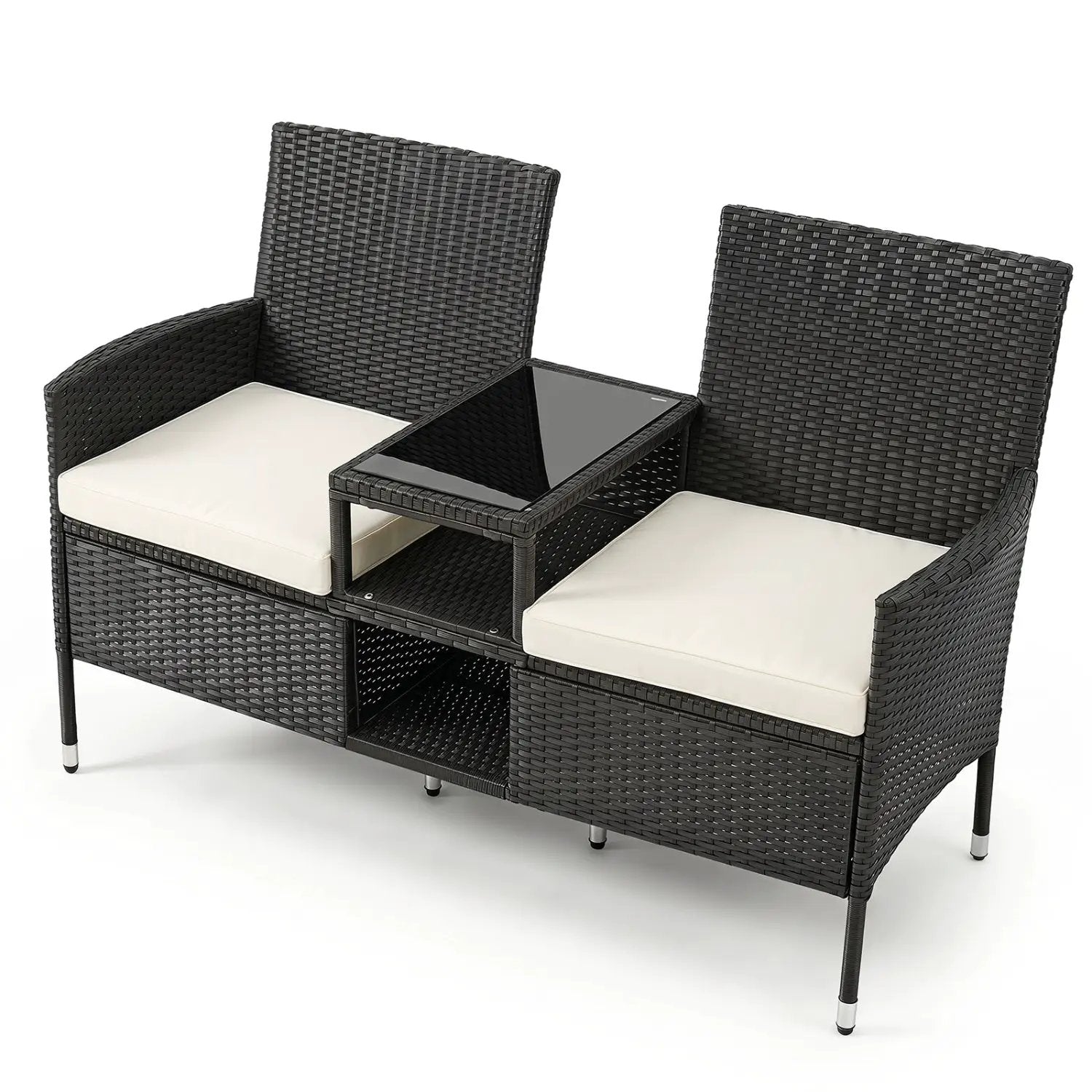 Outdoor Wicker Loveseat with Built-in Glass Side Table by DirectDeals