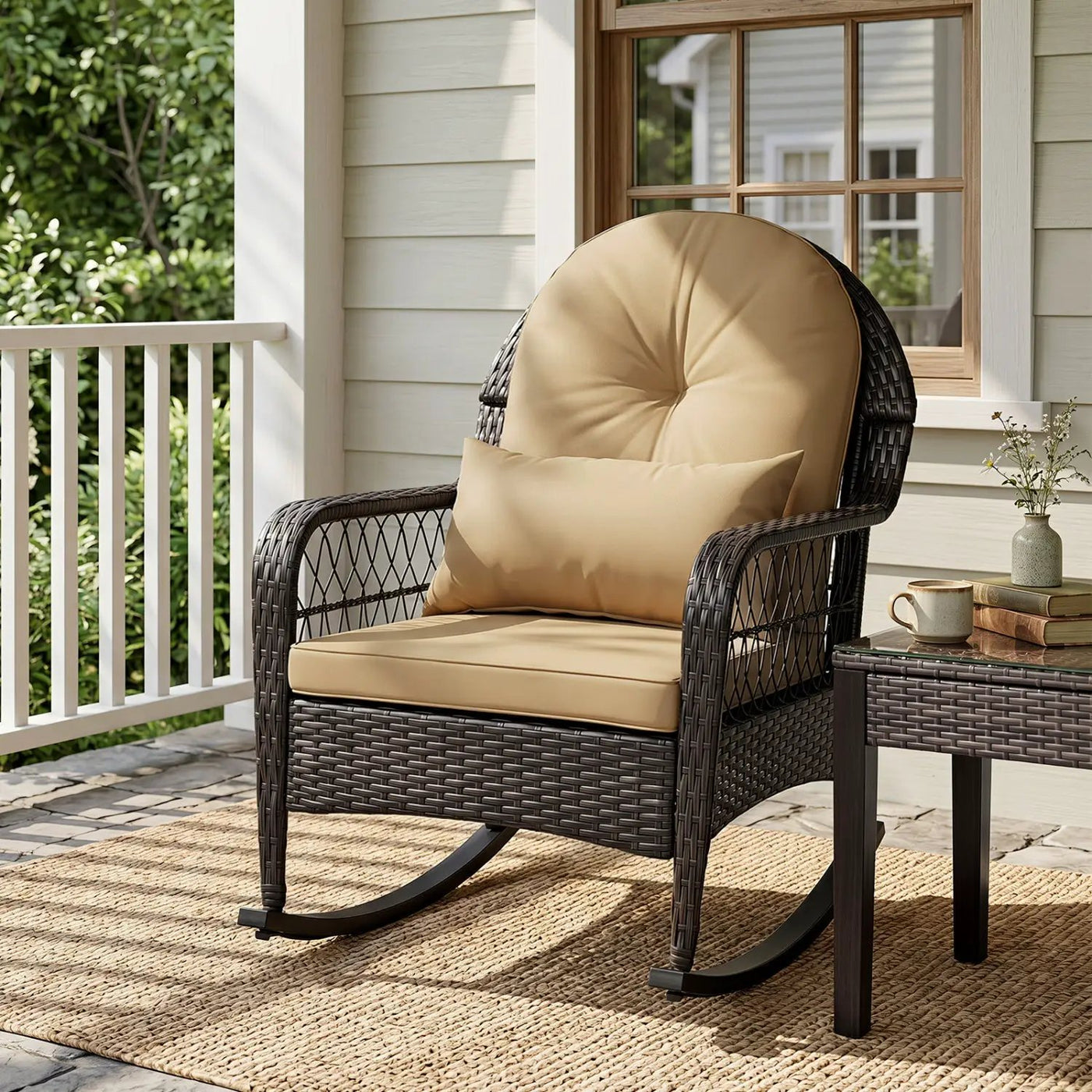 Outdoor Wicker Rocking Chair with Cushions - 400 LBS Capacity by DirectDeals