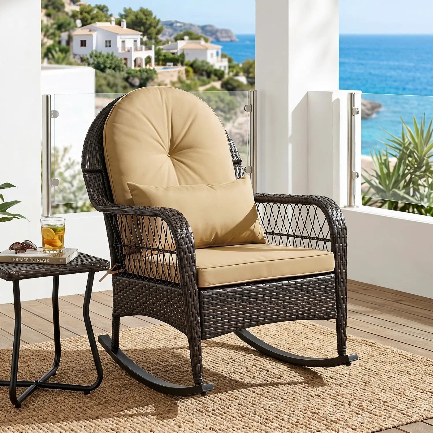 Outdoor Wicker Rocking Chair with Cushions - 400 LBS Capacity by DirectDeals