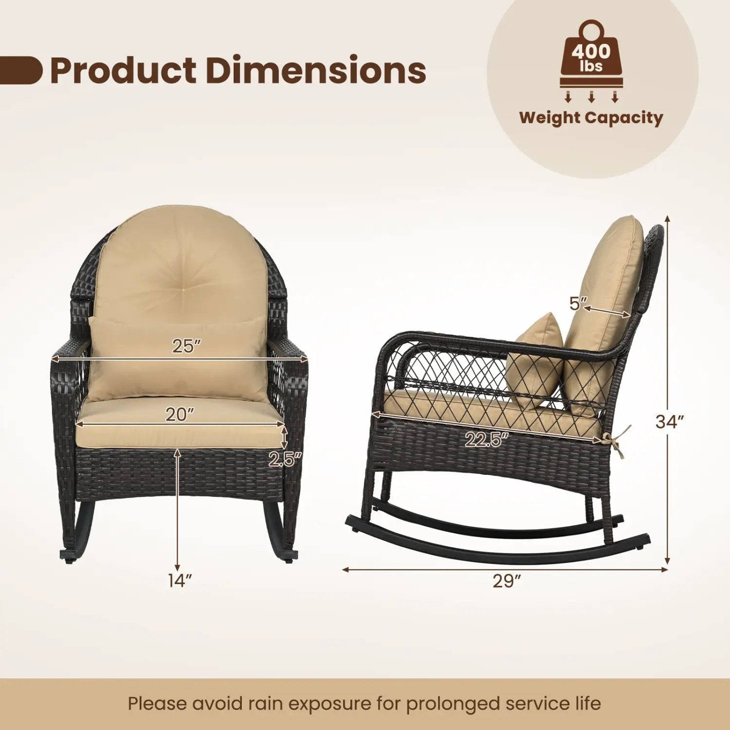 Outdoor Wicker Rocking Chair with Cushions - 400 LBS Capacity by DirectDeals