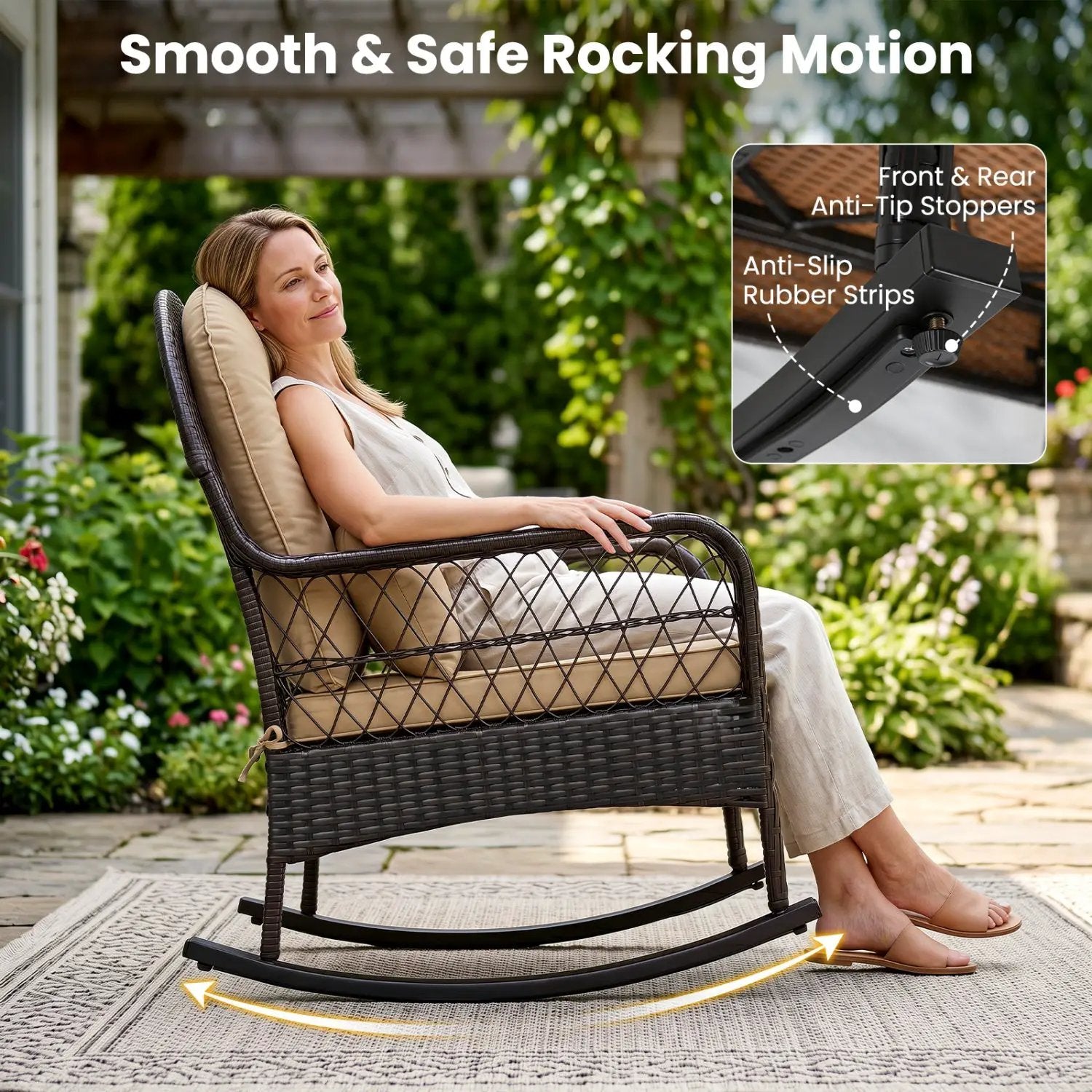 Outdoor Wicker Rocking Chair with Cushions - 400 LBS Capacity by DirectDeals