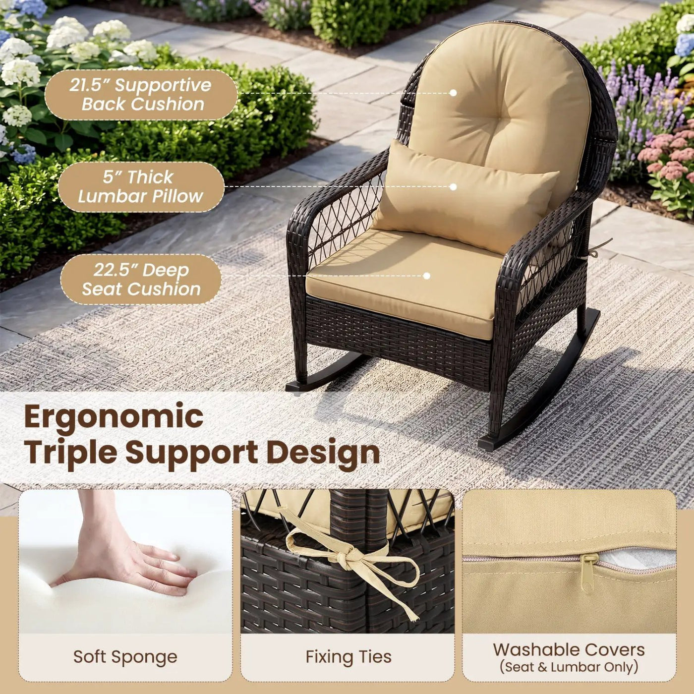Outdoor Wicker Rocking Chair with Cushions - 400 LBS Capacity by DirectDeals