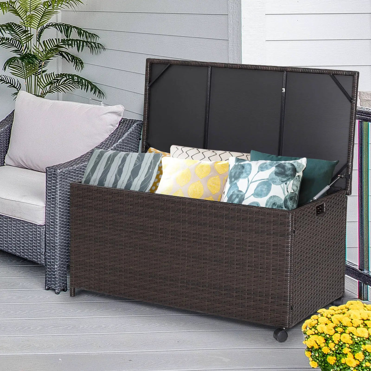 Outdoor Wicker Storage Box with Zippered Liner, installed in a room