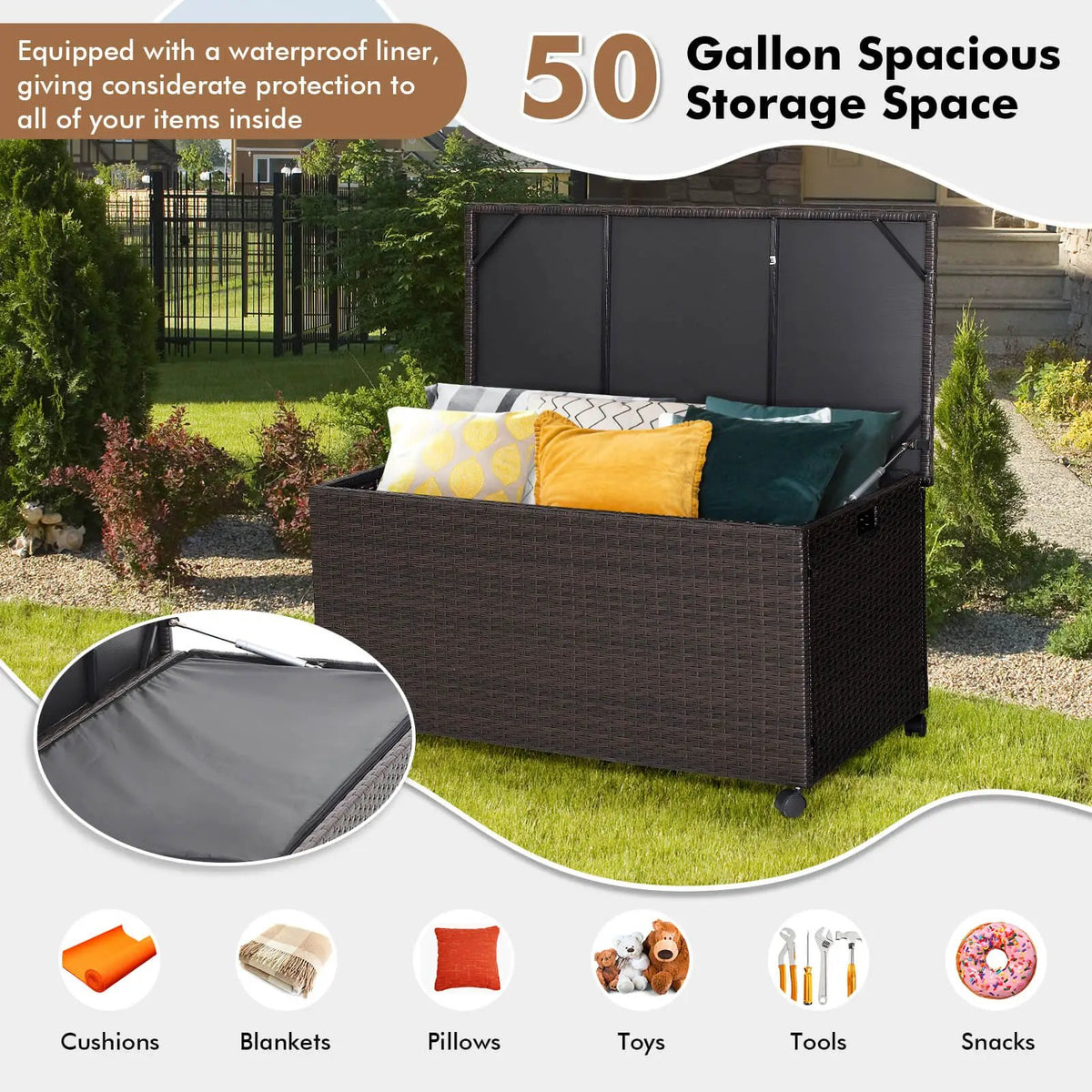 Outdoor Wicker Storage Box with Zippered Liner, installed in a room 3
