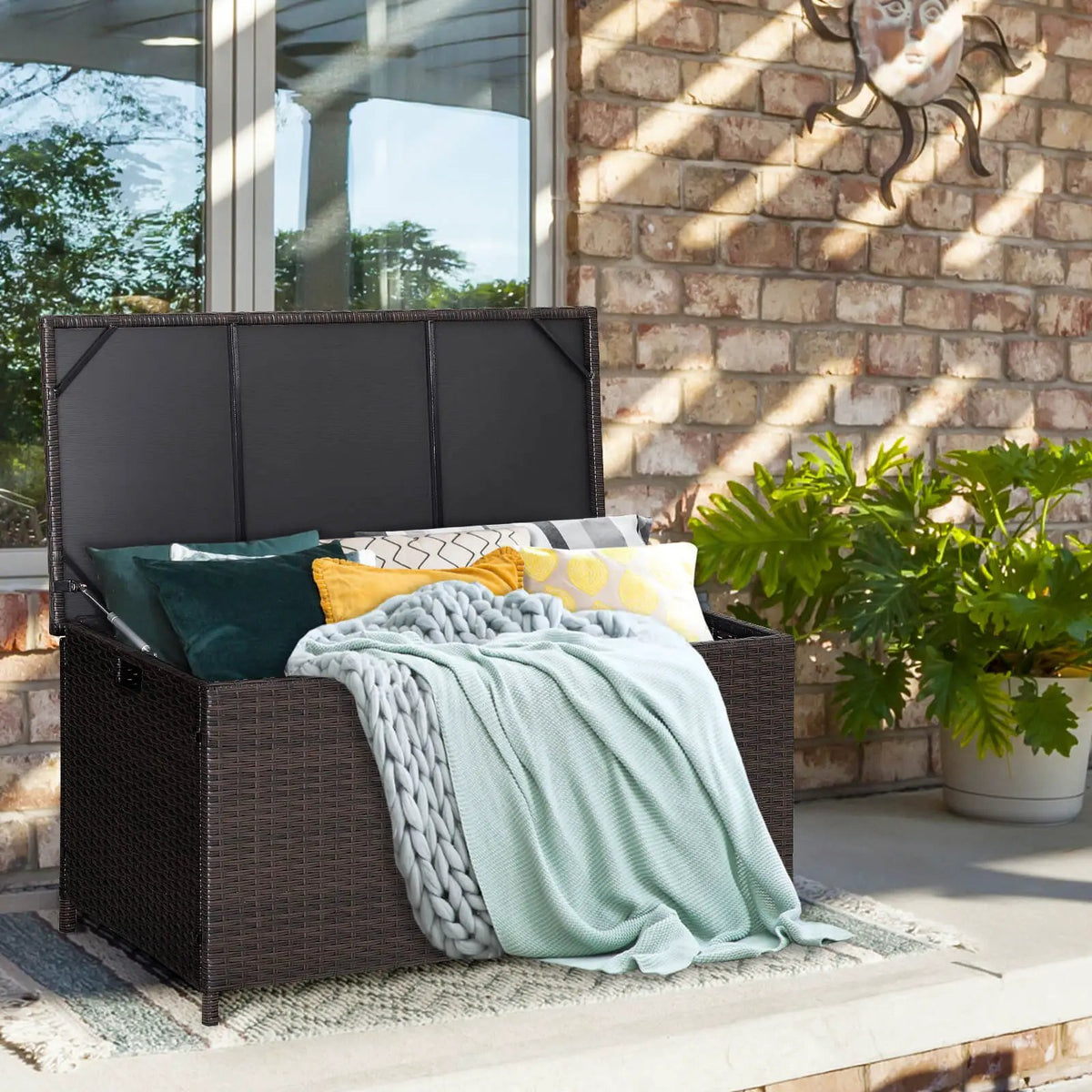 Outdoor Wicker Storage Box with Zippered Liner, installed in a room 2