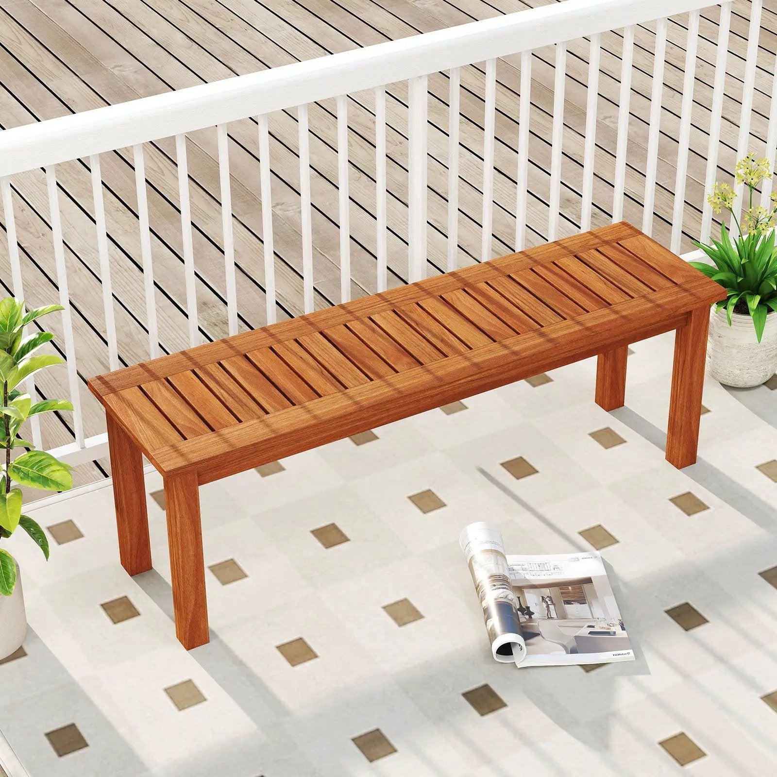 Outdoor Wood Bench 2-Person Backless Patio Garden Bench with Slatted Seat by DirectDeals