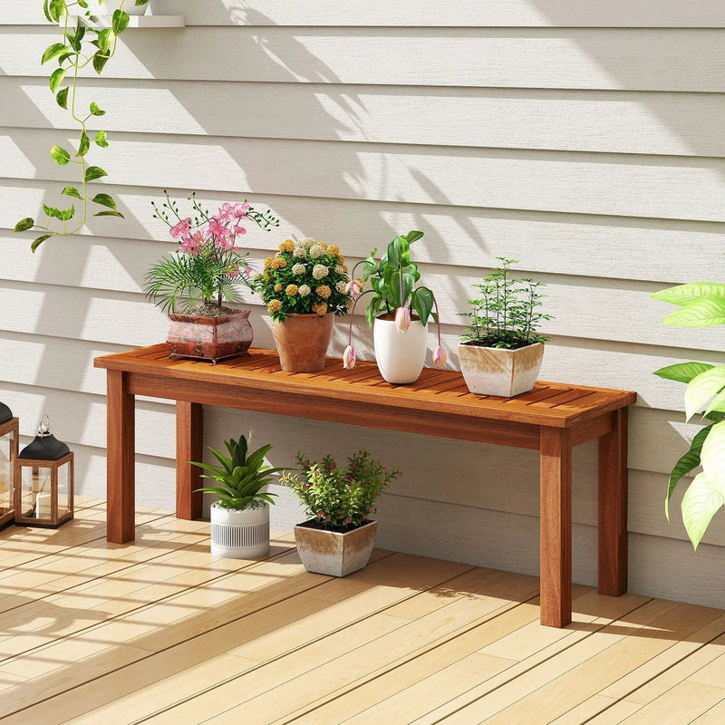 Outdoor Wood Bench 2-Person Backless Patio Garden Bench with Slatted Seat by DirectDeals